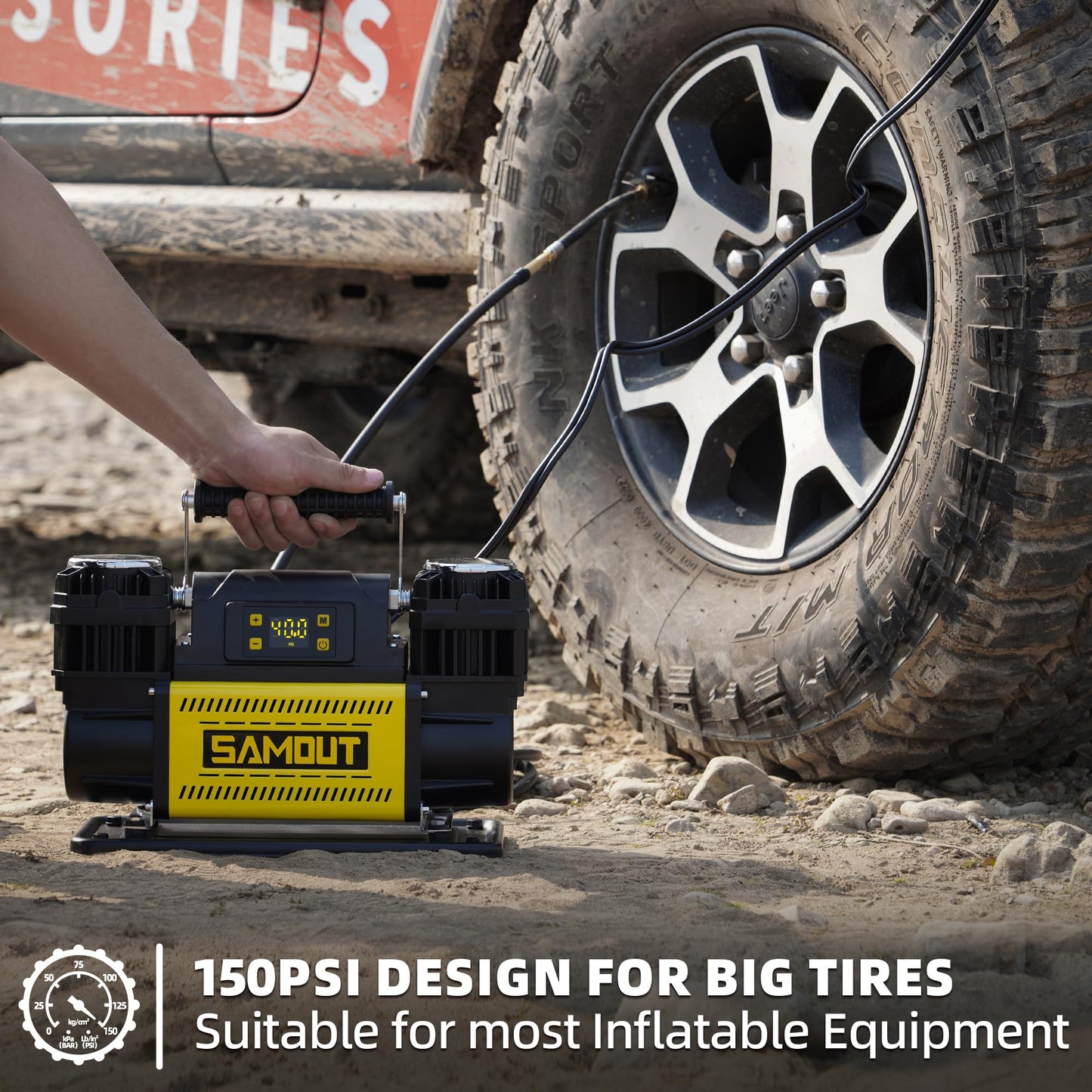 SMAOUT 12V Digital Air Compressor, Offroad Portable Inflator 12.3 CFM, Air Pump Max 150PSI for Heavy-Duty Tires, with LCD Control Panel to Preset Target Pressure, 4x4 Vehicle, SUV, RV