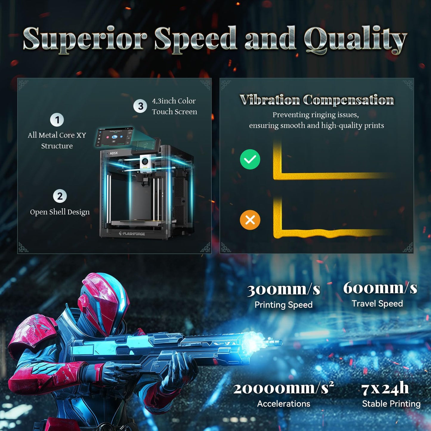 FLASHFORGE AD5X 3D Printer,Multi-Color 3D Printing,Max 600mm/s High Speed,Fully Auto Leveling,Large Flow High Temp Direct Extruder,Print Smooth & Precision,220x220x220mm Build Volume