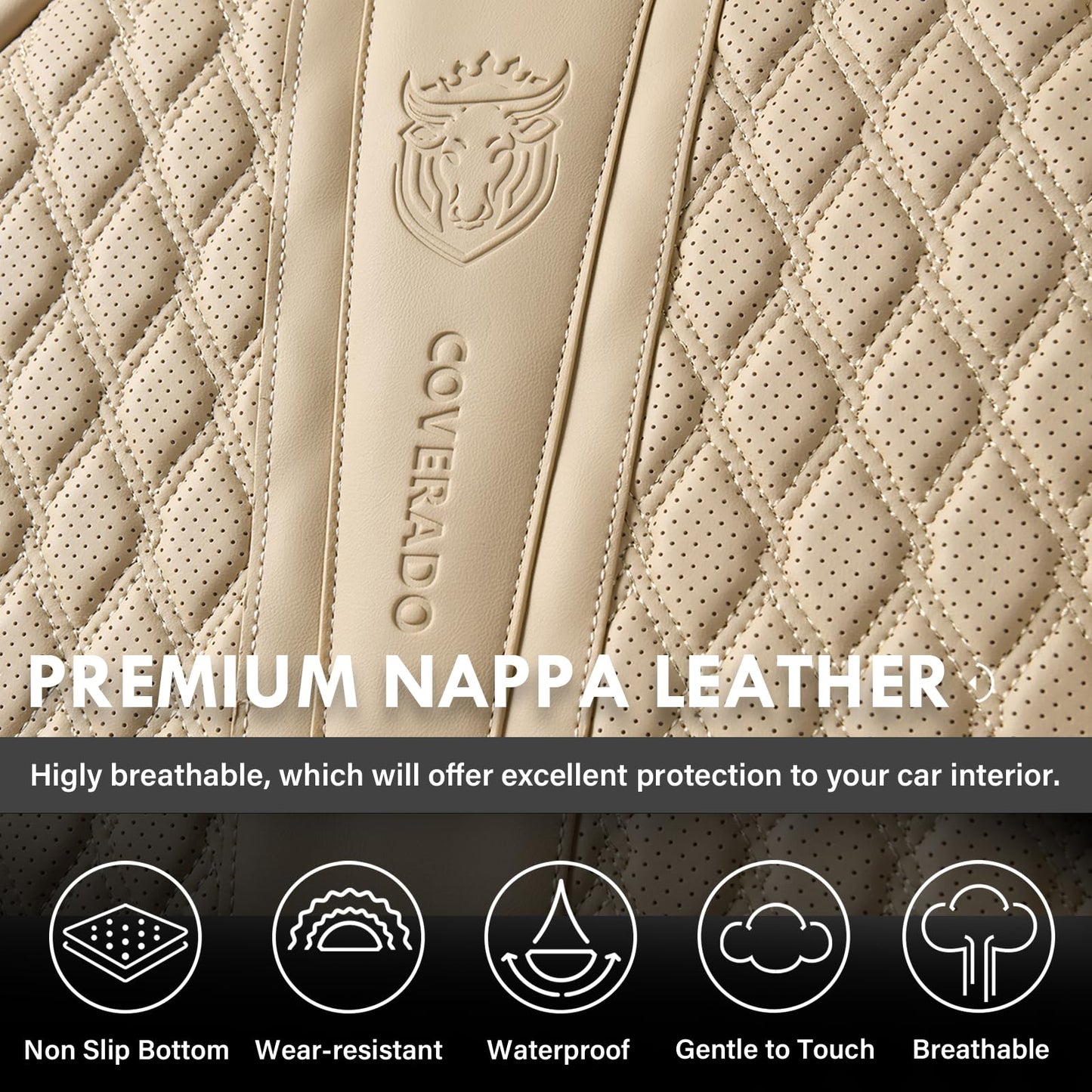 Coverado Car Seat Covers Full Set, Nappa Leather Seat Covers for Car, Waterproof Car Seat Protector with Lumbar Support, Automotive Seat Covers Universal Fit for Most Cars SUV Trucks (Beige)