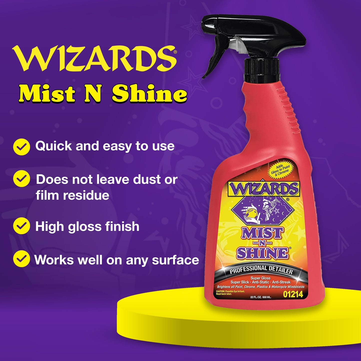 Wizards Mist-N-Shine Detail Spray - 22 Oz - Multi-Purpose High Gloss Finish Waterless Quick Detailer Spray for Glass, Chrome, Paint and Plastics - Car Exterior Cleaner for Auto Detailing Supplies