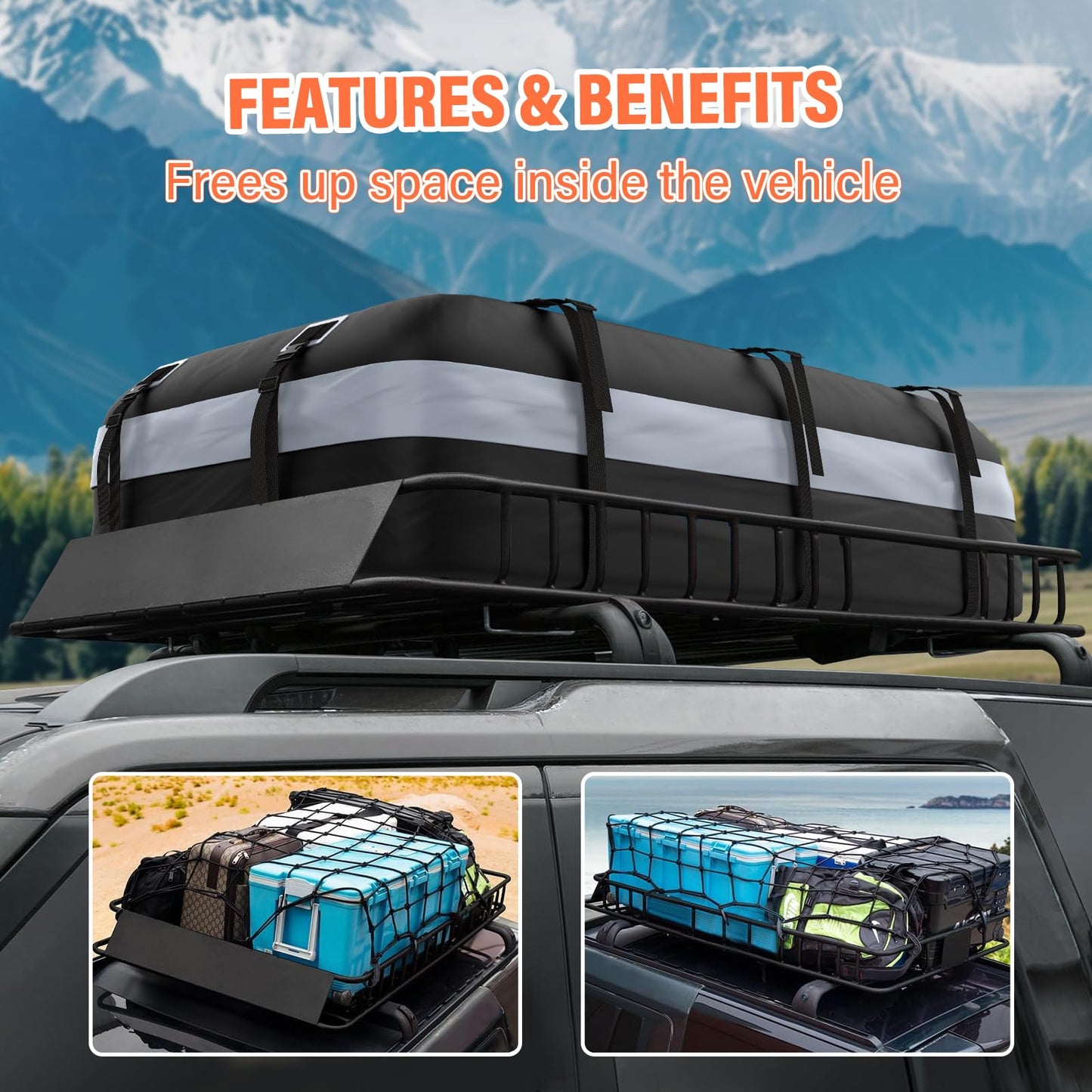Heavy Duty Universal Rooftop Cargo Carrier Roof Rack, 64"x36"x5" Roof Rack Basket with 20 Cu.Ft Waterproof Bag, for SUV, Truck and Van, 250lbs Capacity, Corrosion Resistant, Steel Construction