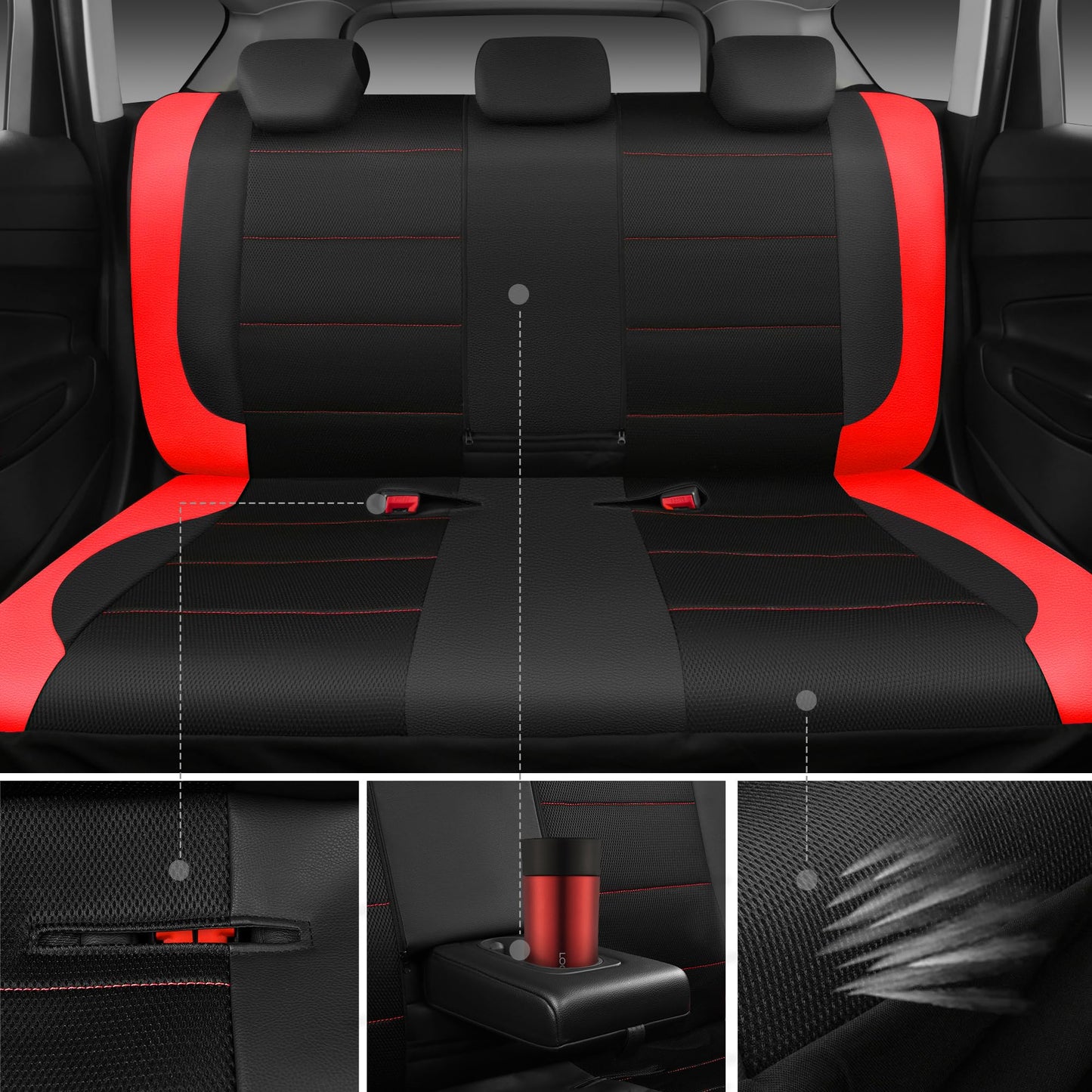 CAR PASS Universal Leather car seat Covers Sport fits Most Cars, SUVs, Trucks, and Vans (Full Set, Black Red)