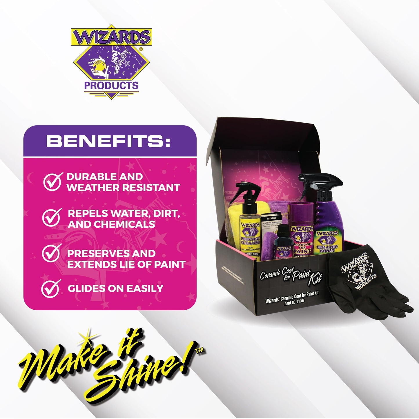 Wizards Ceramic Coat for Paint Kit - 9 Piece Ceramic Coating for Detailing Supplies - Provides High Gloss, Luster, Shine and Protection for Vehicles - Versatile Car Scratch Remover for Auto Detailing