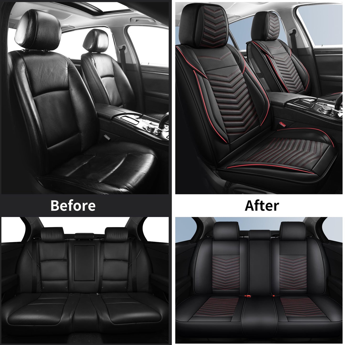 HChengkikz Car Seat Covers,Breathable and Waterproof Faux Leather Automotive Seat Covers,Universal Anti-Slip Driver Seat Cover for Cars SUV Pick-up Truck Sedan(Style1,5 PCS Full Set,Black+Red)