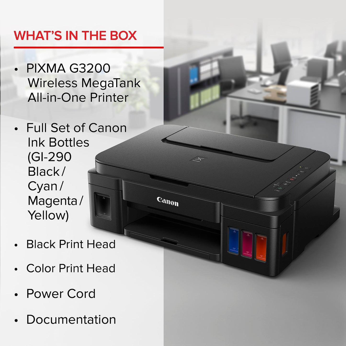 Canon G3200 All-In-One Wireless Supertank (MegaTank) Printer| Copier| Scanner| and Mobile Printing, Black, 6.5" x 17.6" x 13" (0630C002)