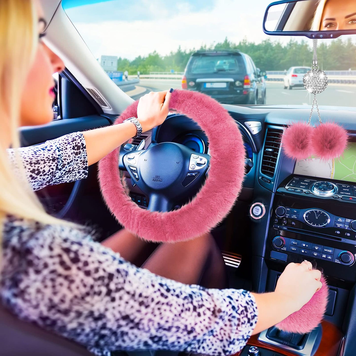 Fulmoon 17 Pcs Car Seat Cover Full Set for Women Universal Fit Car Front Rear Fluffy Steering Wheel Fleece Handbrake Shift Covers Hanging Accessory Holder Ring Emblem(Pink Black)