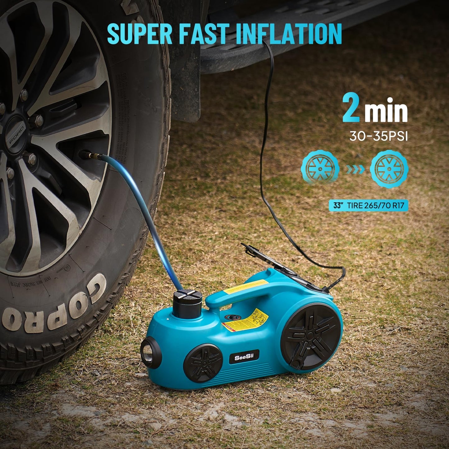 SEESII Electric Car Jack Kit 5 Ton 17.7 Inch Lift Range 3in1 car jack Hydraulic with Impact Wrench and Tire Inflator Floor Jack for SUV/Pickup/Truck/Sedan Roadside Emergency Tire Change Spare Tool Set