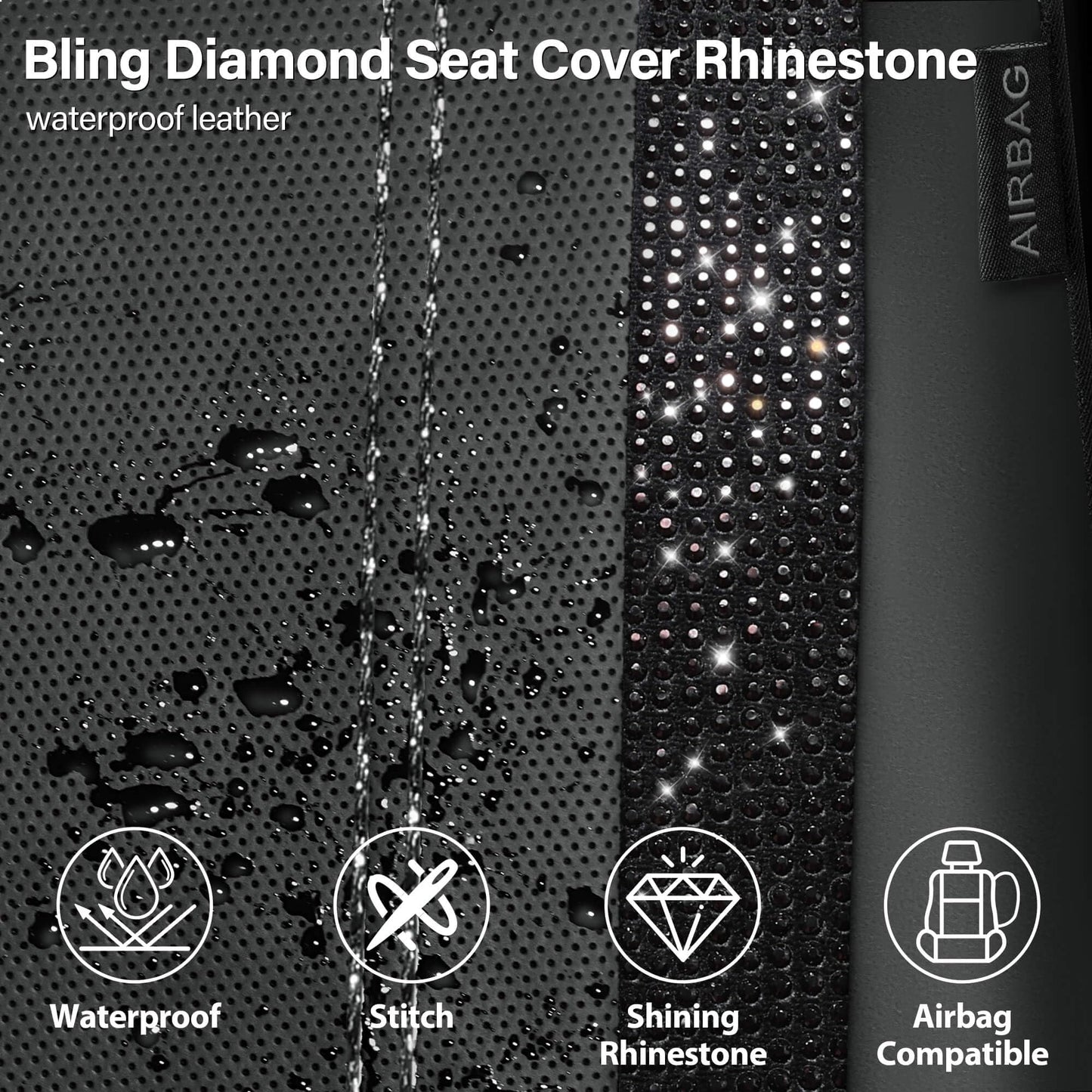 CAR PASS Leather Bling Diamond Car Seat Covers Full Set, Shining Rhinestone Waterproof Durable Rear with Zipper, Universal Fit Automotive Glitter Crystal Sparkle Strip for Cute Women Girly Black