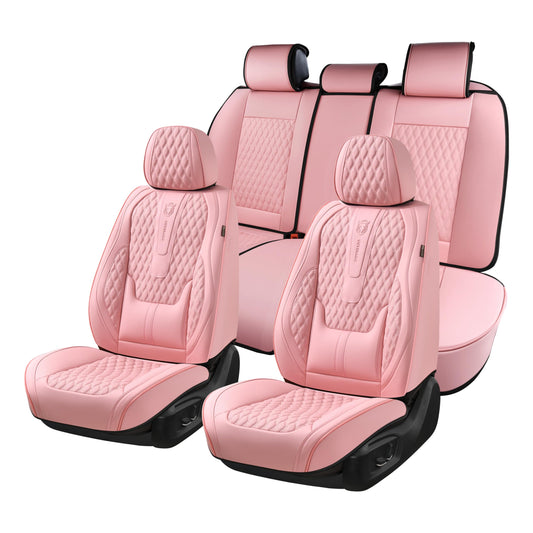 Coverado Seat Covers Full Set, Pink Car Seat Covers, Waterproof Car Seat Cover with Lumbar Support, Leather Car Seat Cushion Protector, Car Seat Covers Universal Fit Most Cars