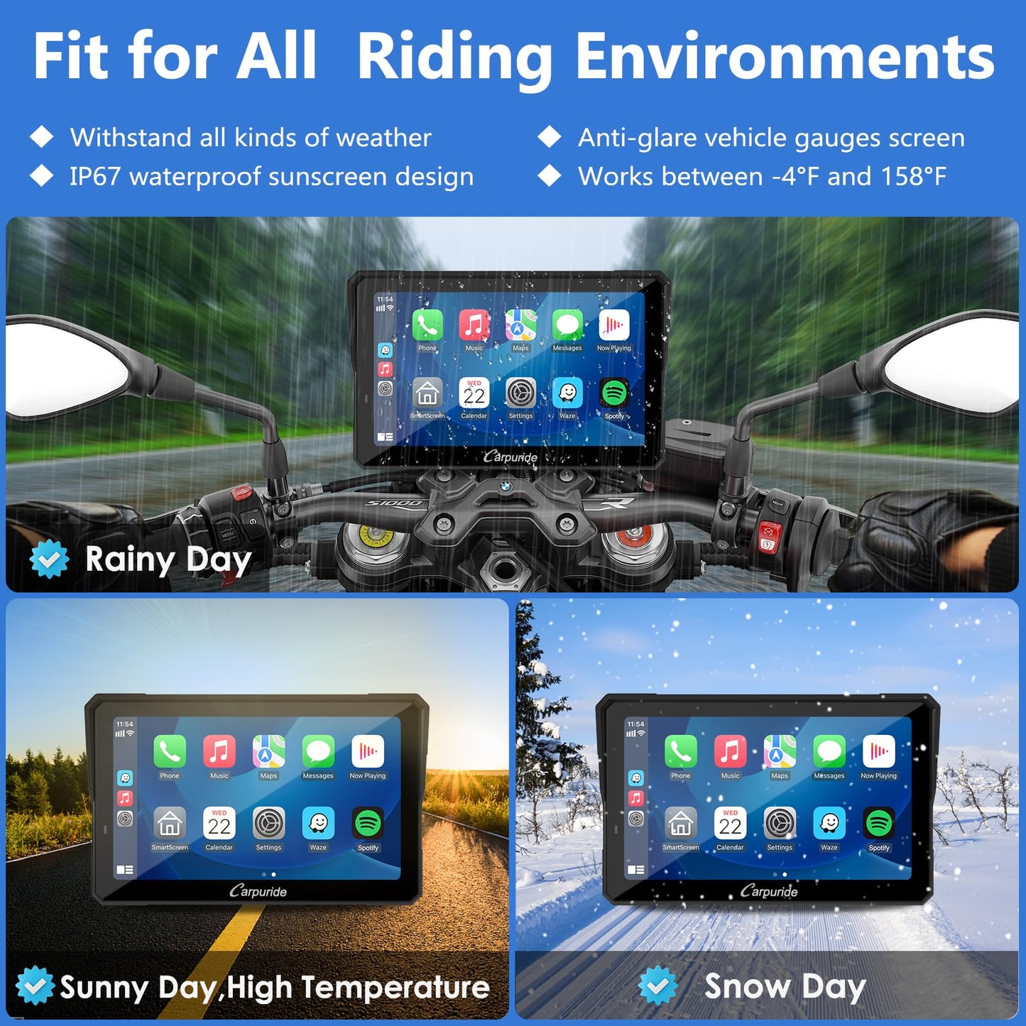 2025 CARPURIDE W702BS PRO for BMW Motorcycle CarPlay & Android Auto Dual Bluetooth, 7" Waterproof GPS Navigation Screen, Data Reading, Native Wonder, TPMS, Light Sensor, Music Sharing, Intercom,16-Pin