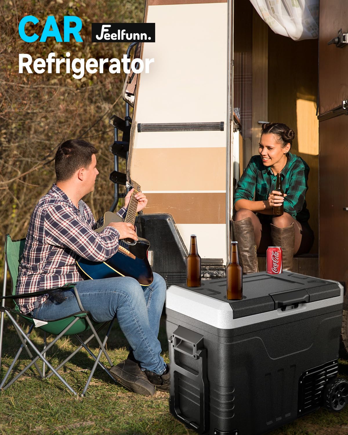 Feelfunn Car Fridge Portable 12 Volt Refrigerator - 53 Quart(50L) Electric Cooler with 12/24V DC&110-240V AC for Truck Van RV Camper SUV, 12v Cooler with Wheels for Camping Boat Travel, -4~68°F