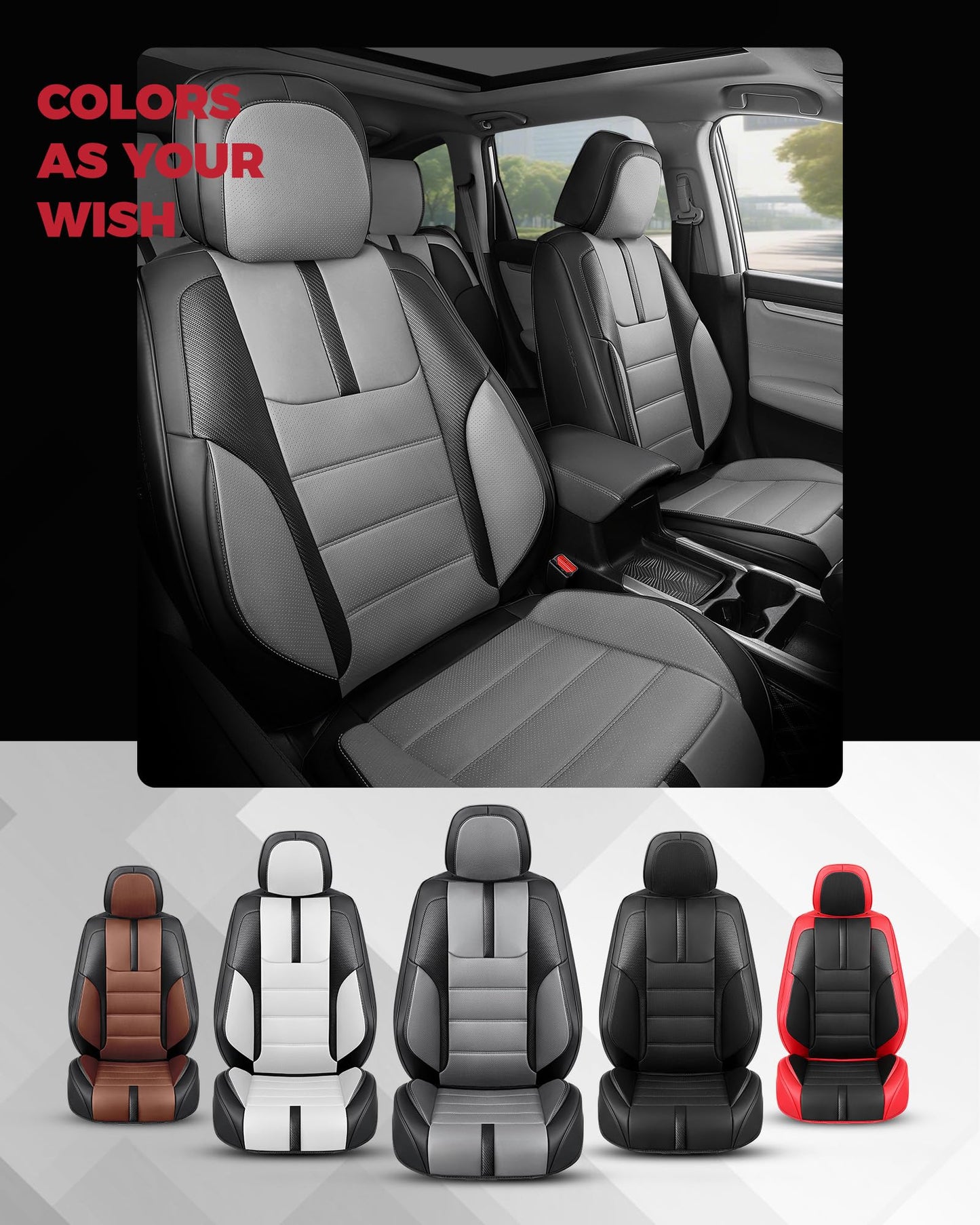 FREESOO Black Gray Car Seat Covers Full Set - Faux Nappa Leather Seat Covers for Cars, with Front Seatbelt Pads, Luxury Waterproof Cushion Protector Accessories Fit for Most 5 Seats Sedans SUV Trucks