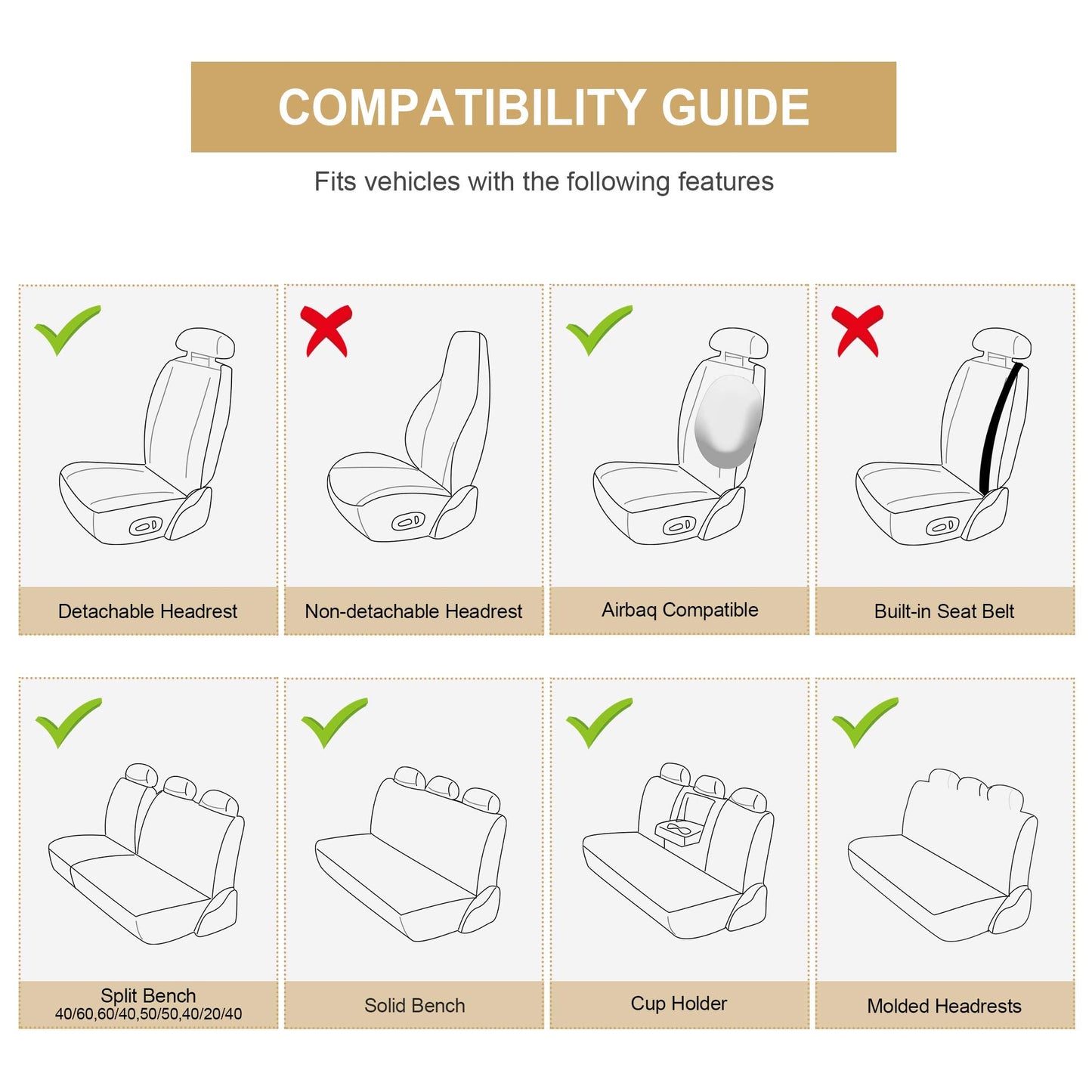 AOOG Leather Car Seat Covers, Leatherette Automotive Vehicle Cushion Cover for Cars SUV Pick-up Truck, Universal Non-Slip Vehicle Cushion Cover Waterproof, Full Set