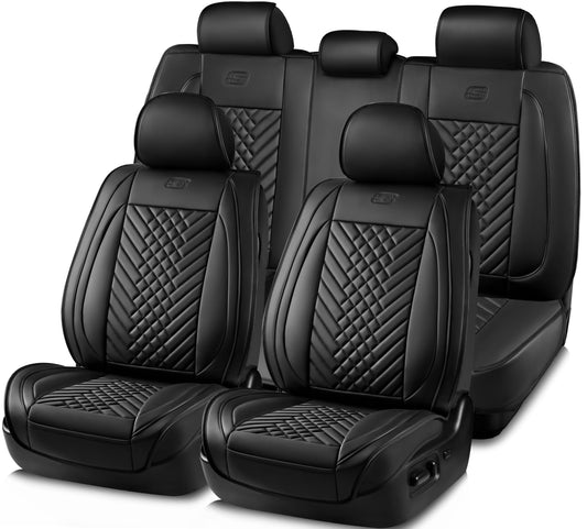 Skechers Car Seat Covers,MAX Cushioning Memory Foam Piping Leather Seat Covers,Waterproof Car Seat Protector Full Set,Car Seat Cushion Airbag Universal Fit for Most Cars,Vans,Trucks,SUV,Black