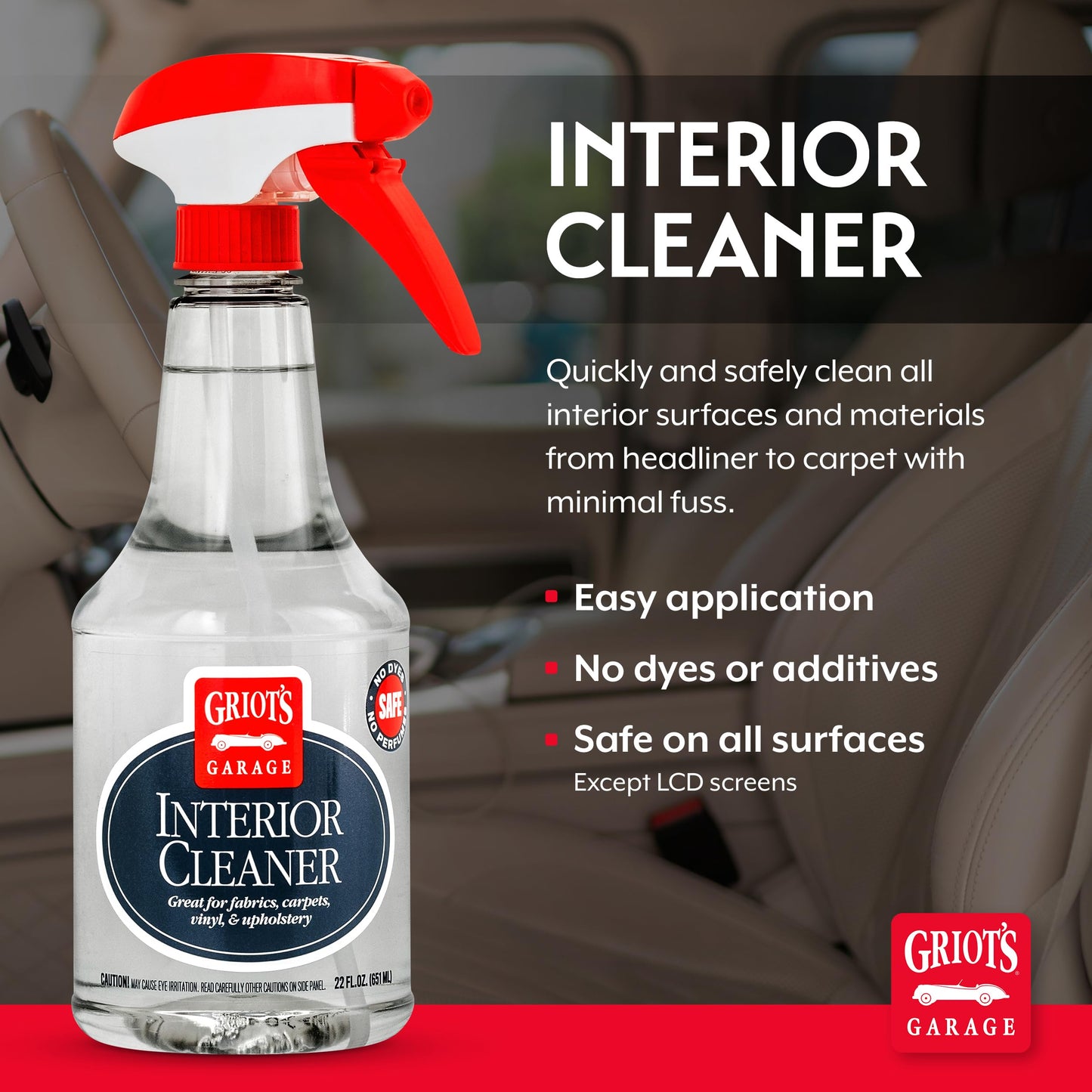 Griot's Garage Interior Cleaner Spray for Car Seats, Carpet, Upholstery Fabric, Floor Mat, Vinyl, Dashboard, Ideal for Truck, SUV, RV, Boat, and More, 10956, 22 Fl Oz
