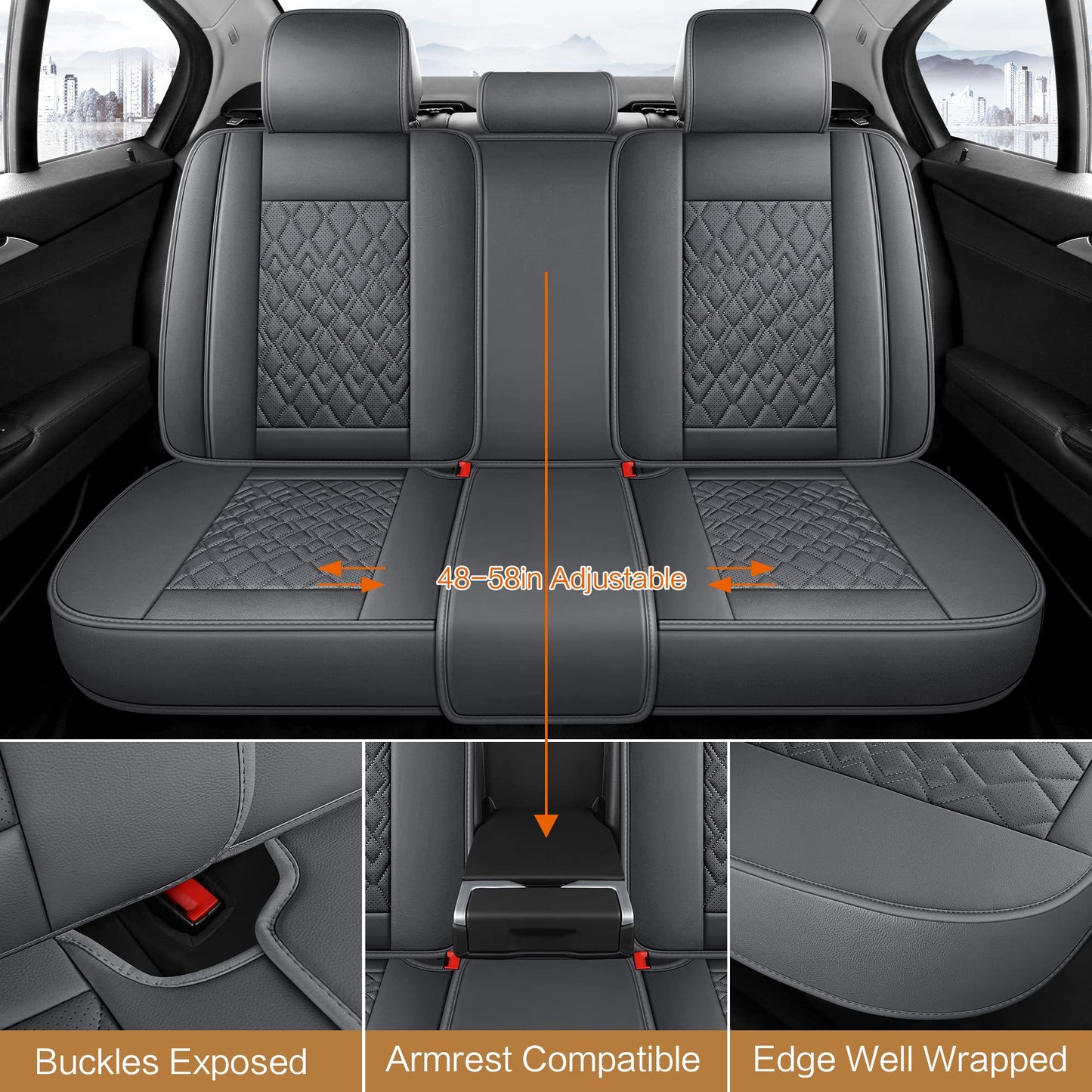 Pariitadin Leather Car Seat Covers Full Set, Waterproof Breathable Faux Leather Automotive Seat Covers for Cars, Non-Slip Car Interior Covers Universal Fit Most Cars Sedans Trucks SUVs, Gray