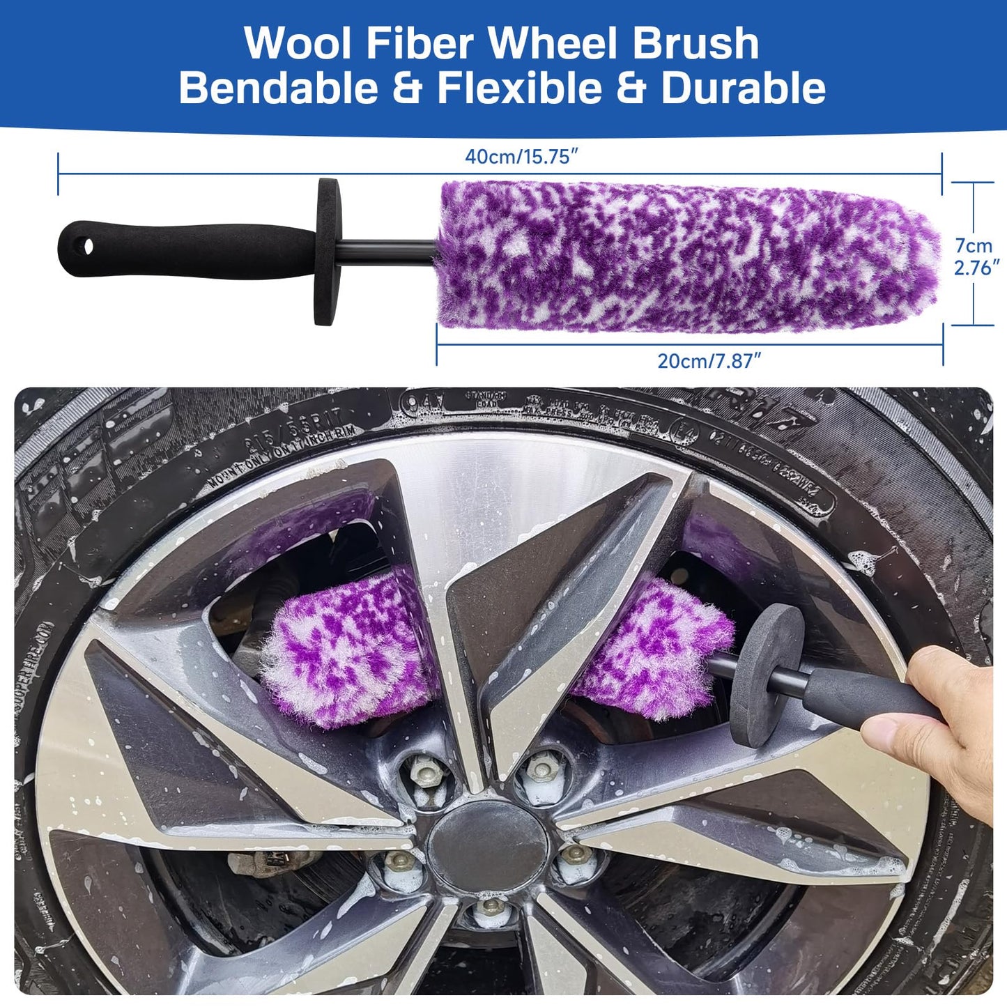 KLeXiC 4 Pack Wheel Tire Cleaning Brush Kit Cars Motorcycles RVs Trucks Rim Hub Ultra Soft Microfiber No Spatter 360 Bendable Synthetic Woolies Wash Vehicles Bristle Set