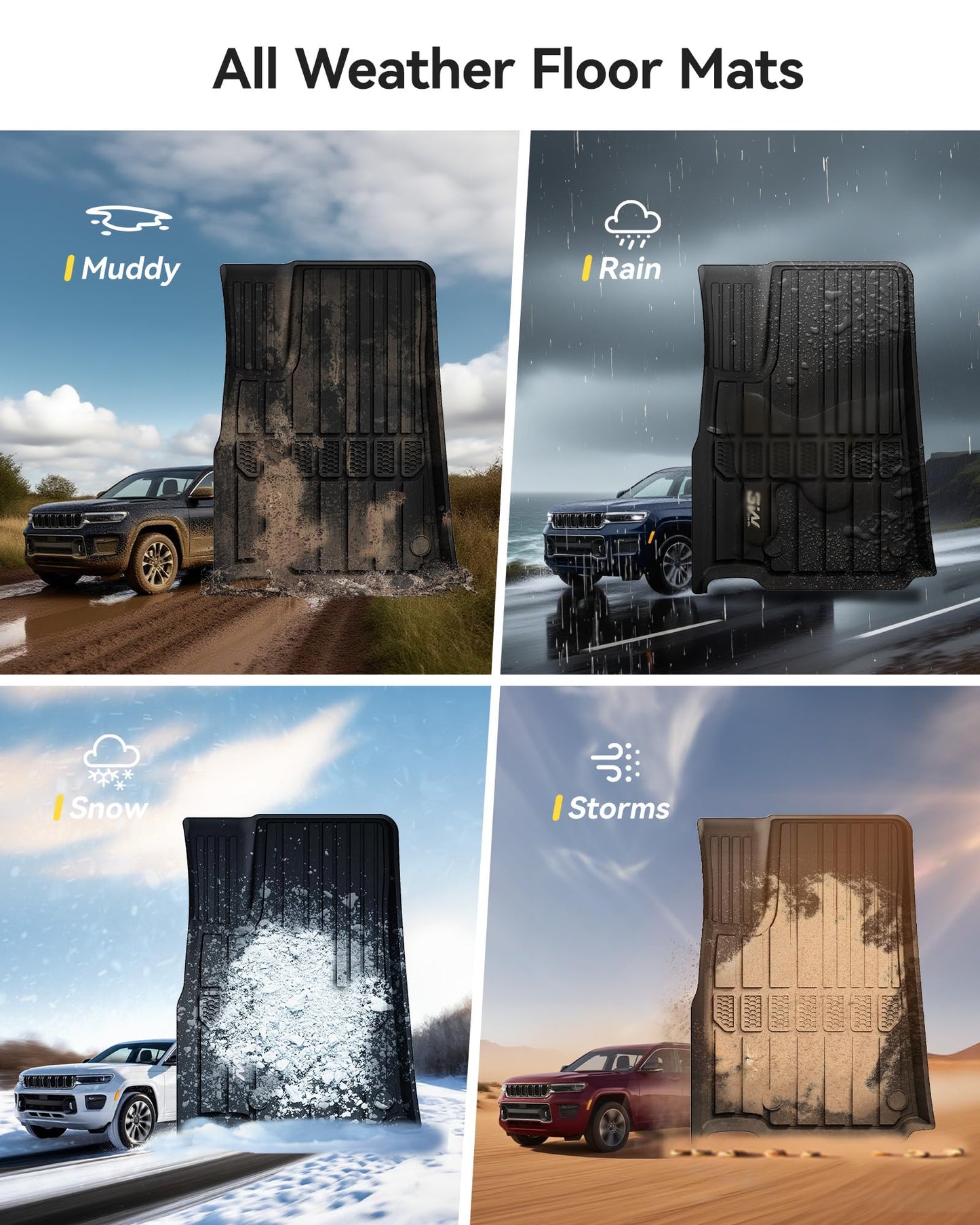 3W Floor Mats & Cargo Liner Fit for Jeep Grand Cherokee L 2021-2025 All Weather TPE Custom Fit Floor Liner for 1-3 Rows and Trunk (ONLY for 6-Passenger Without Center Console) Full Set Car Mats Black