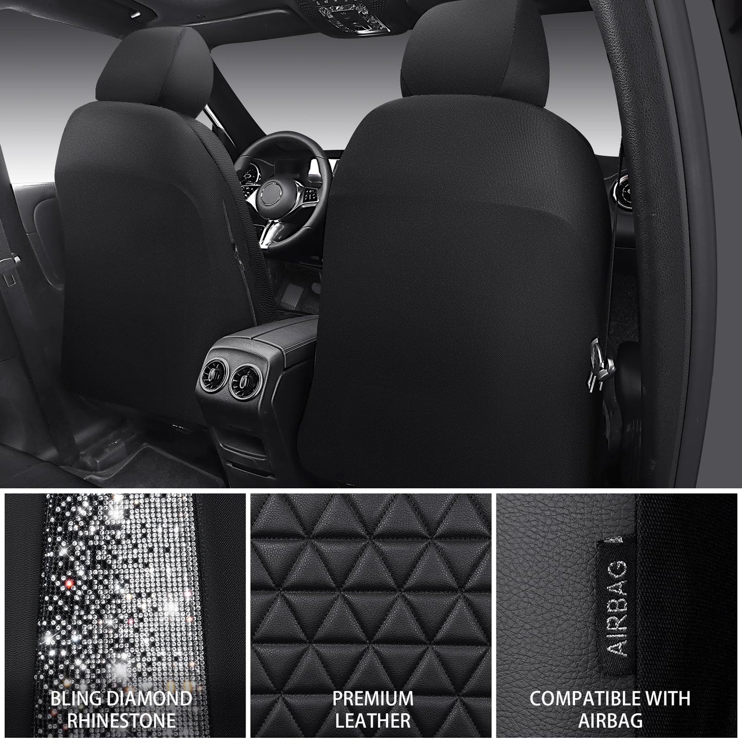 CAR PASS Bling Diamond Leather Car Seat Covers Full Seats Interior Sets, Waterproof Shining Glitter Sparkly Crystal Universal Armrest Fit Automotive Truck SUV Cute Women Girl, Black Silver Rhinestone
