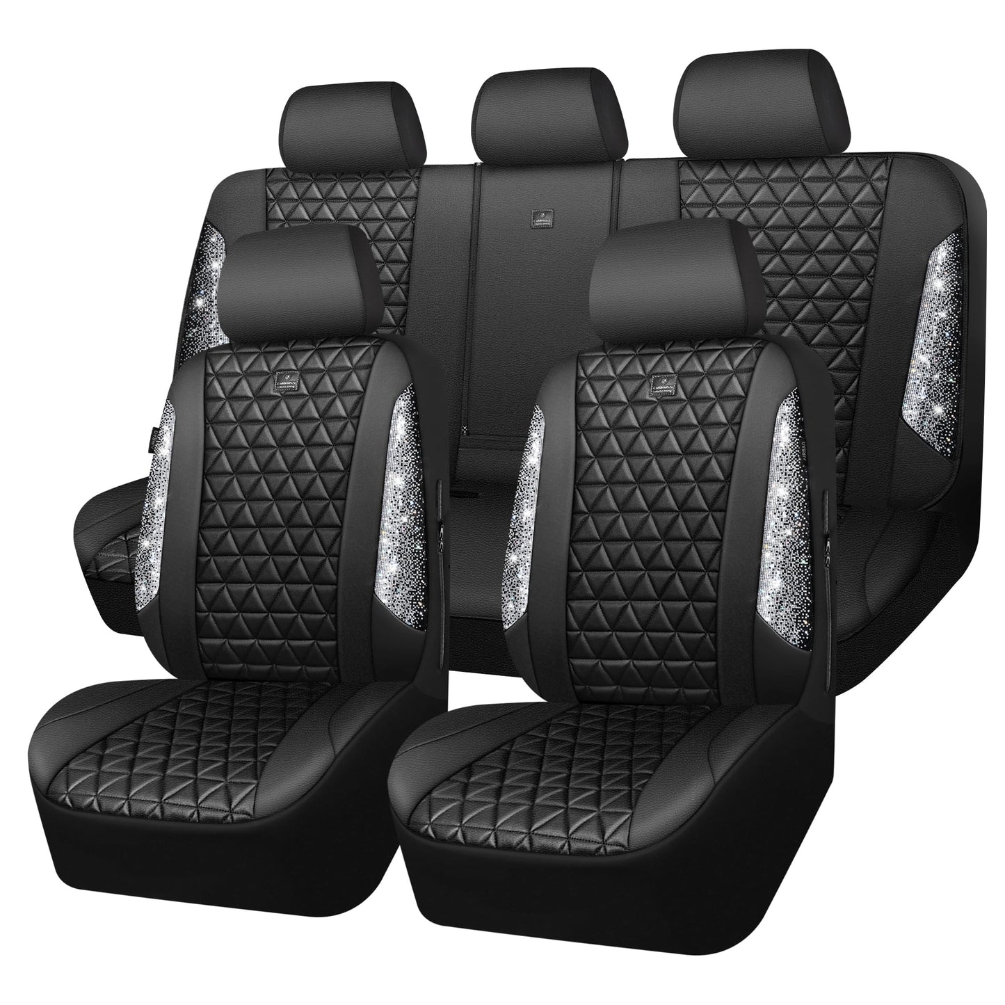 CAR PASS Bling Diamond Leather Car Seat Covers Full Seats Interior Sets, Waterproof Shining Glitter Sparkly Crystal Universal Armrest Fit Automotive Truck SUV Cute Women Girl, Black Silver Rhinestone