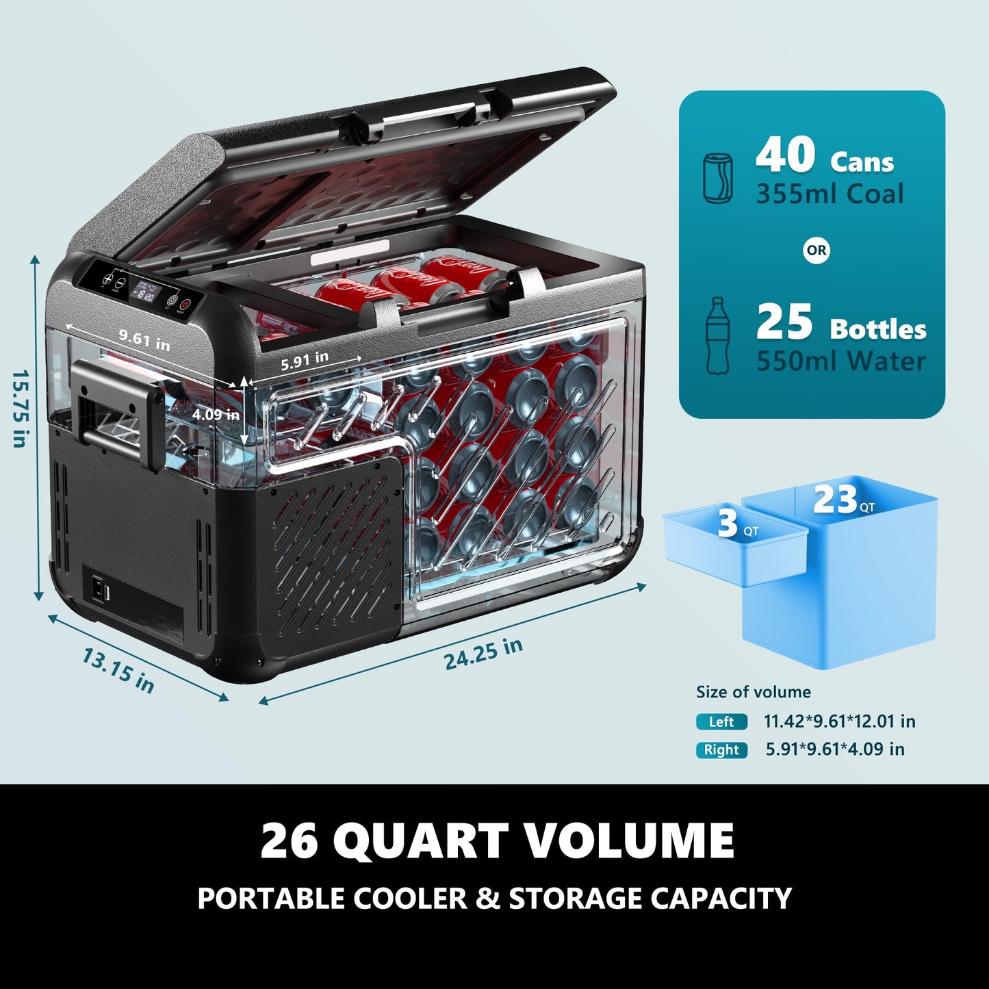 EUHOMY 12 Volt Refrigerator, 26 QT(25 L) Portable Freezer, Electric Cooler -4℉~68℉, 12V Car Fridge Reversible Door, Portable Freezer 12/24V DC & 100-240V AC for Camping, Truck, Travel