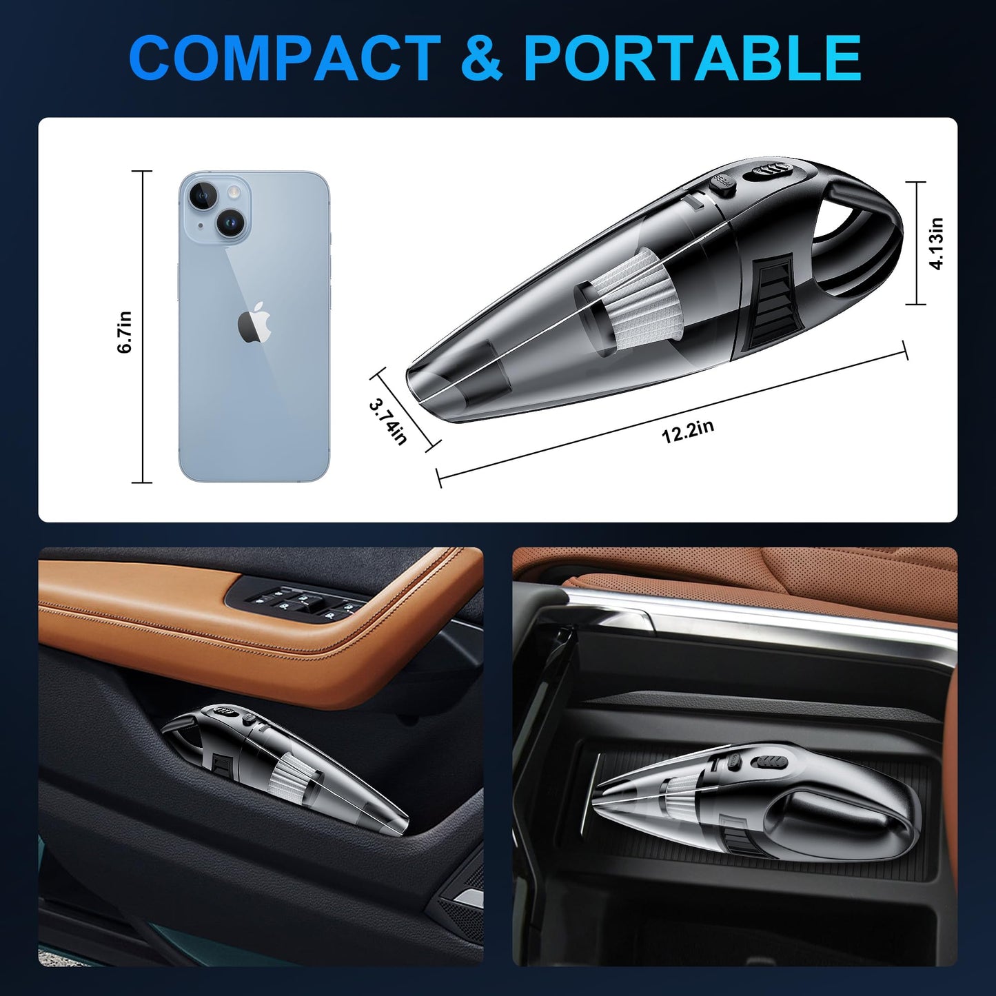 Handheld Car Vacuum Cleaner with 8000PA Powerful Suction, Portable Car Vacuum Cleaner with 2 Filters, Mini Brush, Lightweight, 0.34L Capacity, Essential Accessories