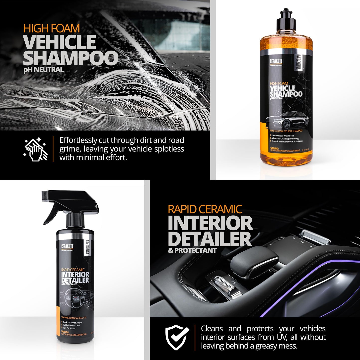 CERAKOTE Fully Covered Bundle - Complete Car Care with Rapid Ceramic Paint Sealant, Interior Detailer, Tire Coat, Glass Protectant, High Foam Vehicle Shampoo