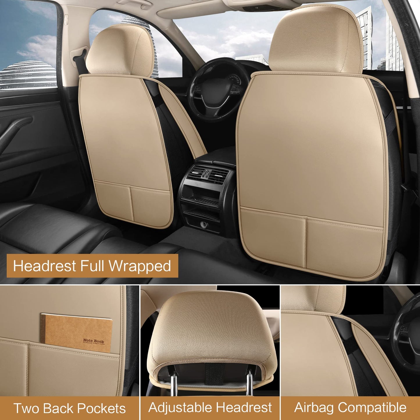 HAIYAOTIMES Leather Car Seat Covers Full Set, Waterproof Faux Leather Seat Covers for Cars, Non-Slip Car Interior Covers Universal Fit for Most Cars Sedans Trucks SUVs, Beige