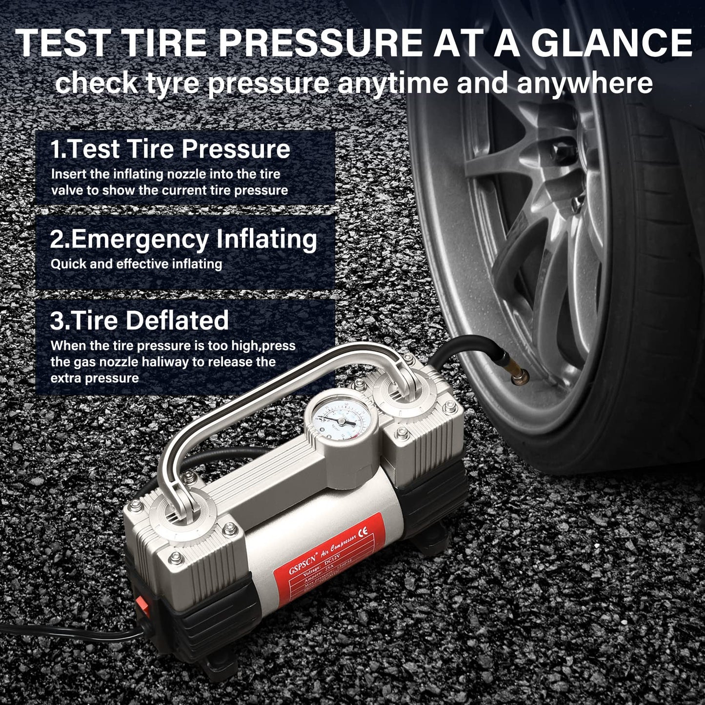 GSPSCN Silver Tire Inflator Heavy Duty Double Cylinders with Portable Bag- Car Accessories，Metal 12V Air Compressor Pump 150PSI with Adapter for Car, Truck, SUV Tires, Dinghy, Air Bed etc