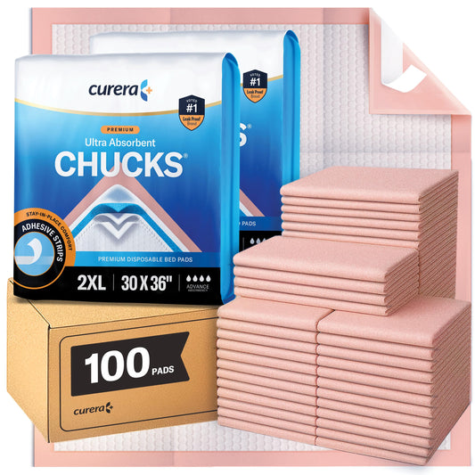 Curera Chucks Premium Disposable Underpads 30”x36” [100-Count] Ultra Absorbent Chux Incontinence Bed Pads Disposable Adult with Adhesive Tape, Pee Pads Pet Training Pads XX-Large 30x36 Bulk Pack