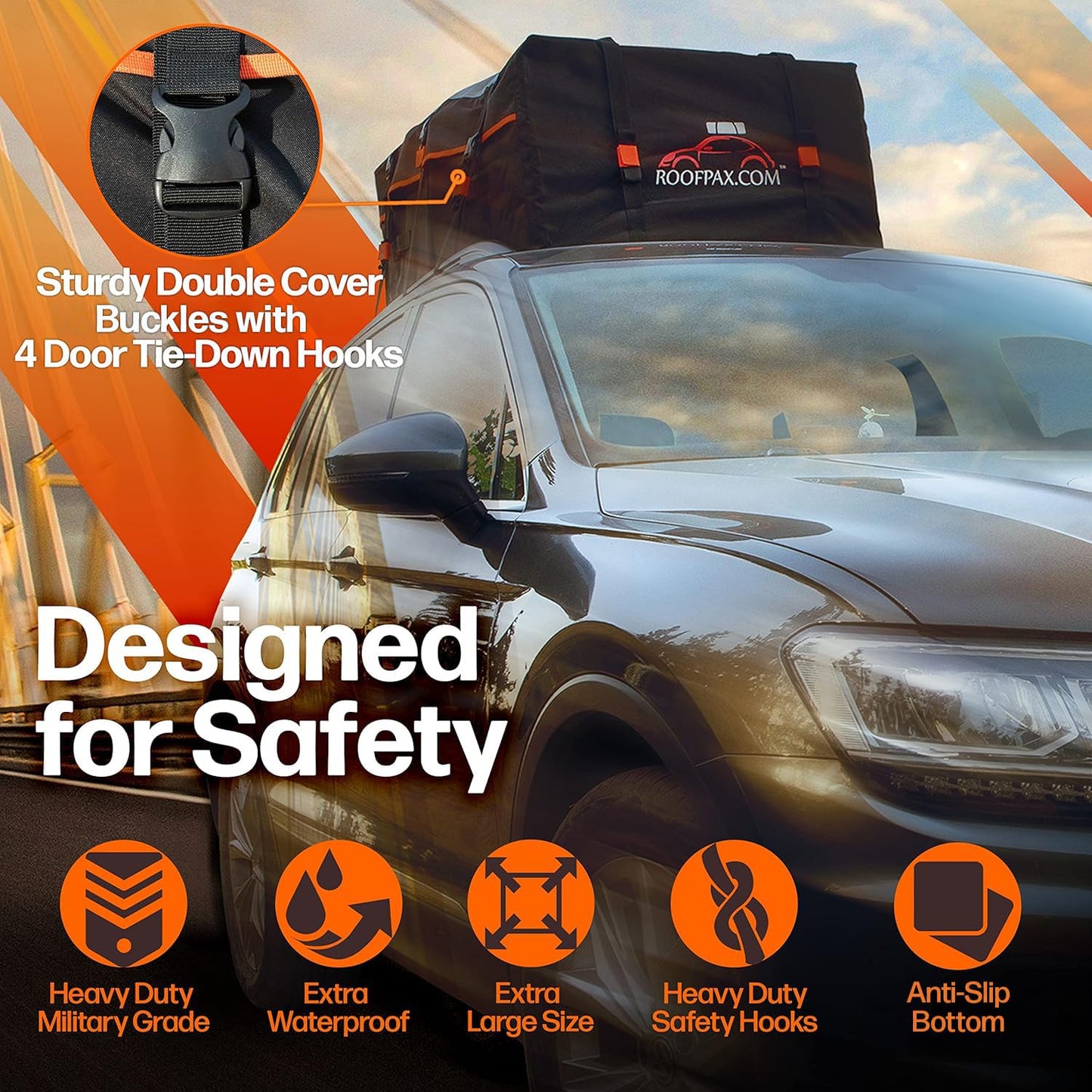 RoofPax XXL 28 cuft Car Rooftop Cargo Carrier Bag Extra Waterproof Car Roof Storage with 10 Heavy Duty Tie Down Straps and 4 Hooks Roof Bag Cargo Carrier for Top of Vehicle with/Without Rack