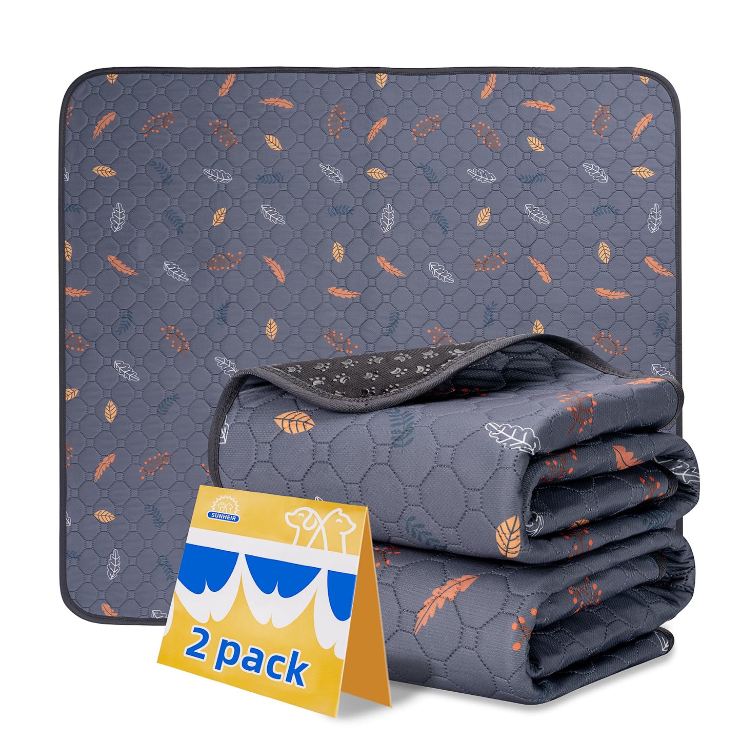 Sunheir Washable Pee Pads for Dogs - 2-Pack Thick Heavy Absorbency Reusable Pee Pads Prevent Leakage Non-Slip, Waterproof Pet Training Pads for Puppy Playpen, Crate, Whelping Box, Potty Training, Grey
