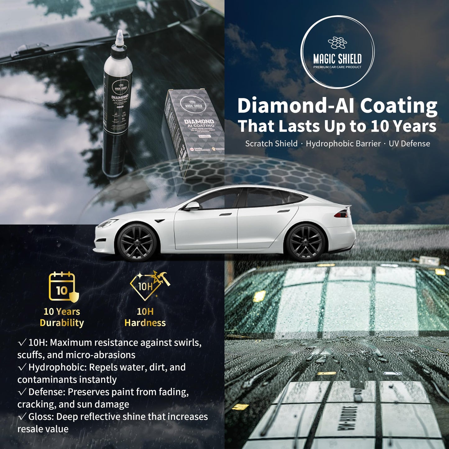 Magic Shield Diamond AI Coating – Graphene Liquid Self-Leveling Techology | Repairs & Protects | Last for 10 Years | High-Gloss Shine | Hydrophobic & Scratch-Resistant | for Car Paint, Headlights ONLY