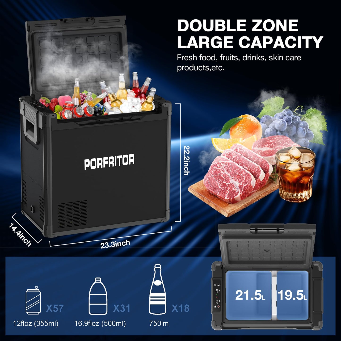 PORFRITOR 12 Volt Refrigerator, 48QT(45L) Electric Cooler, 12V Car Fridge LCD touch Control, 12V Cooler -4℉~68℉, Portable Freezer 12/24V DC 110-240V AC for Camping, Travel, Truck, Home