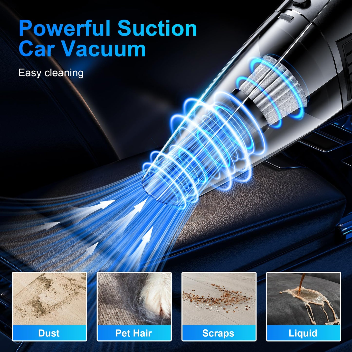 Handheld Car Vacuum Cleaner with 8000PA Powerful Suction, Portable Car Vacuum Cleaner with 2 Filters, Mini Brush, Lightweight, 0.34L Capacity, Essential Accessories