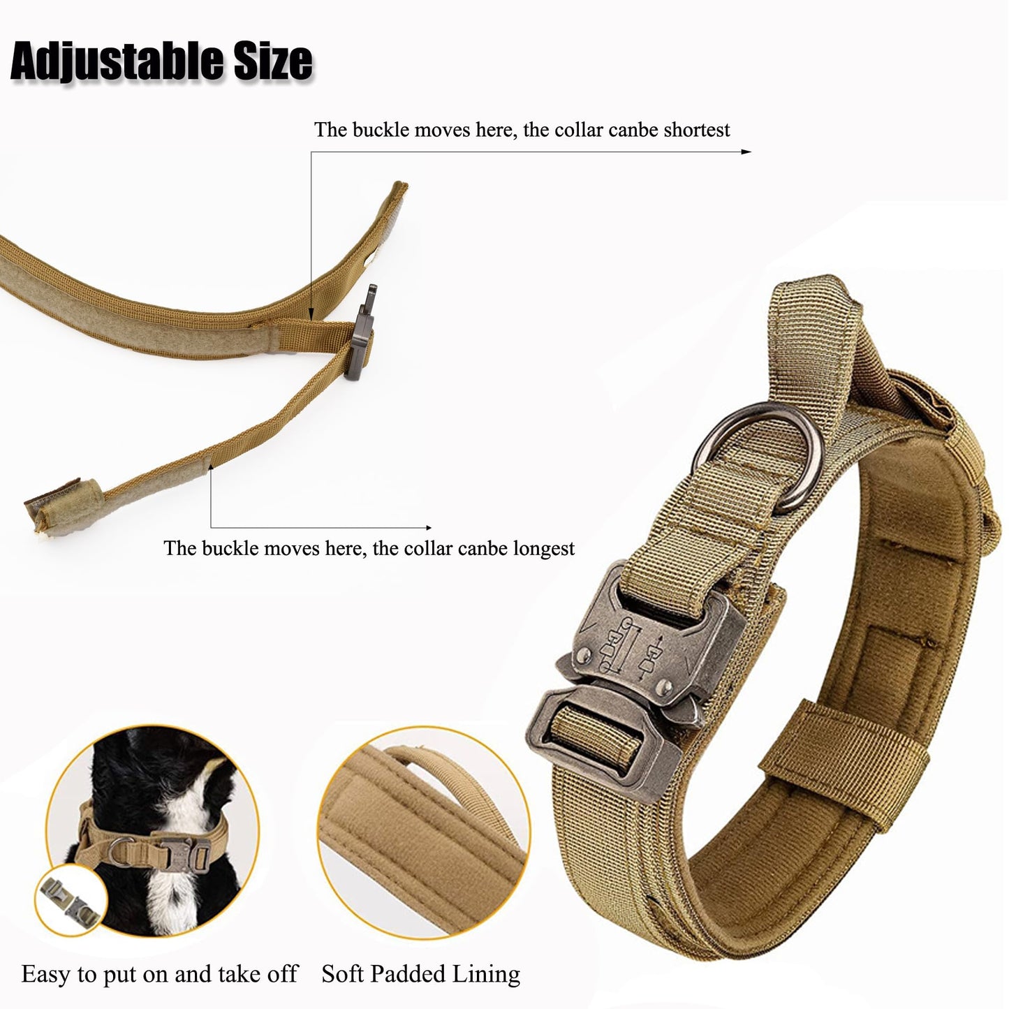 Tactical Dog Collar, Adjustable Military Training Nylon Dog Collar with Control Handle and Heavy Quick-Release Metal Buckle for Small Medium Large Dogs, Black L