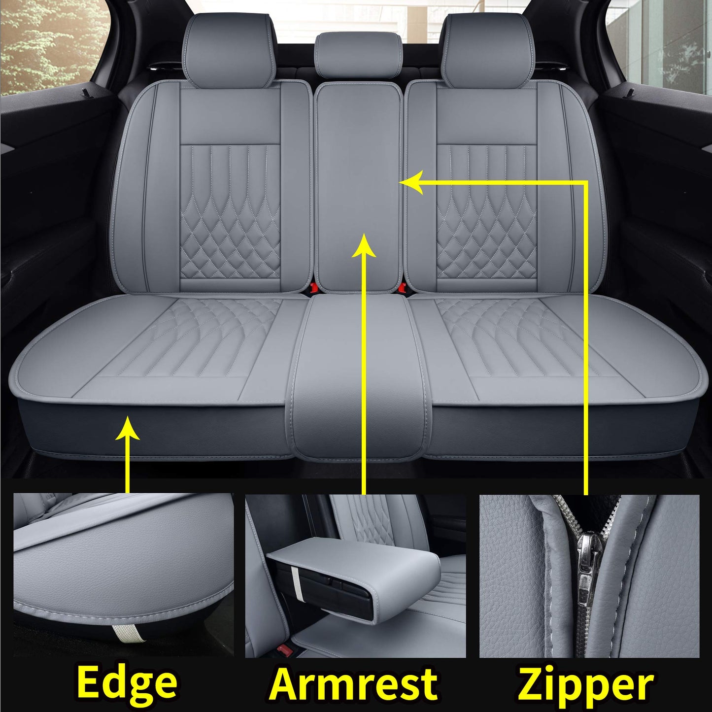 Aierxuan Car Seat Covers Full Set 5pcs with Waterproof Leather,Airbag Compatible Automotive Vehicle Cushion Cover Universal fit for Most Cars (Grey)