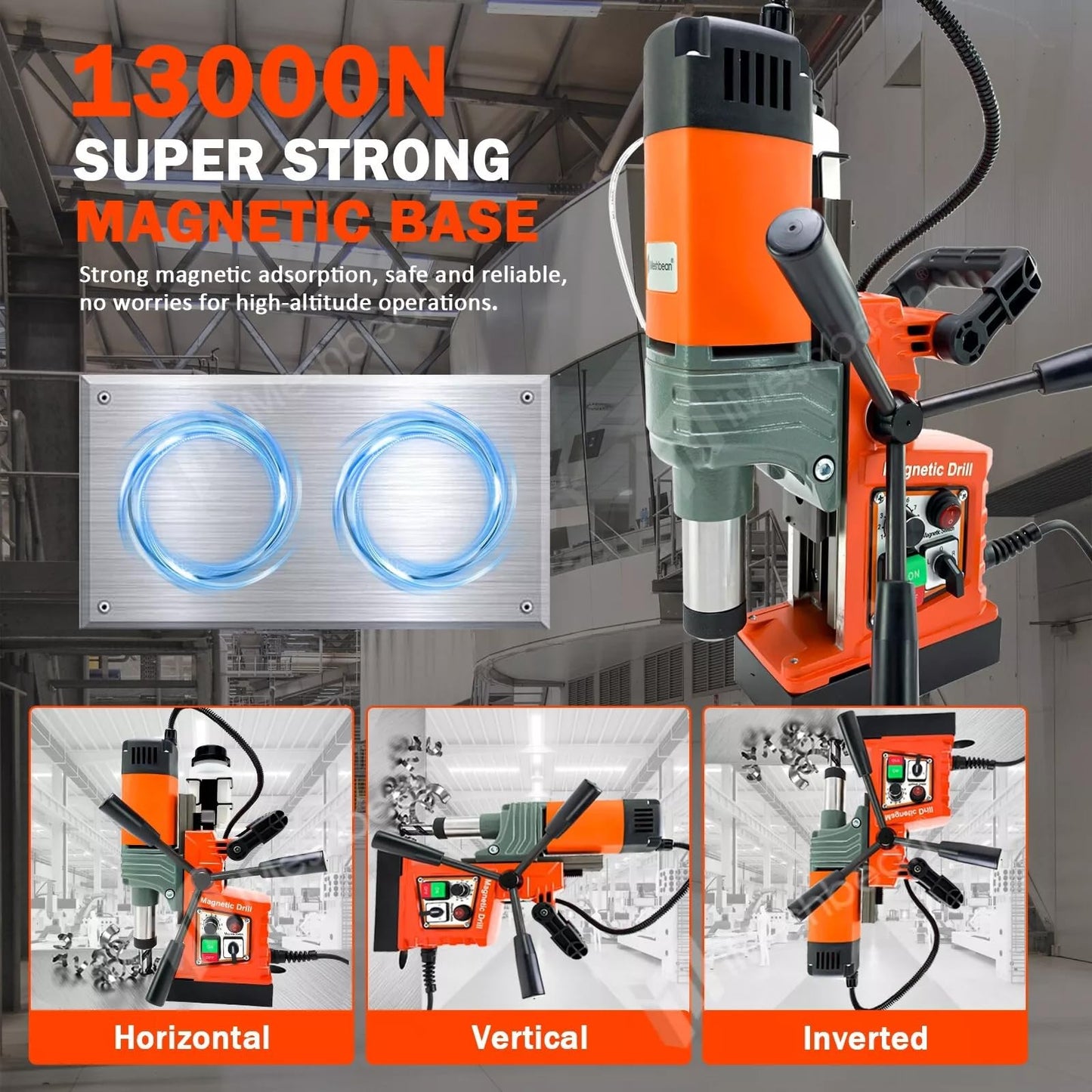 Magnetic Drill Press, 1400W Mag Drill Press with 2" Dia. 2922lbf/13000N Mag Force, 810 RPM Electric Drilling Machine with Stepless Speed & Reversible Direction for Metal Surface & Home Improvement