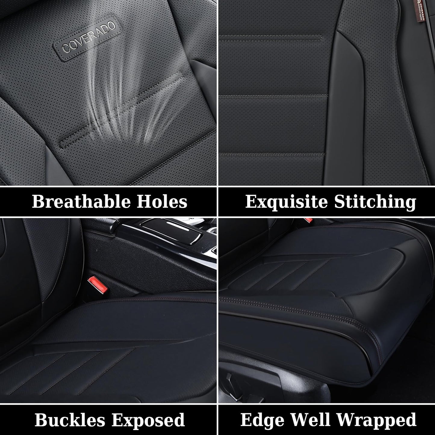 Coverado Seat Covers Full Set, Car Seat Cover Black, Seat Covers for Cars, Car Seat Protector, Nappa Leather Car Seat Cushion, Waterproof Car Seat Covers Front Seats and Back Fit for Most Cars