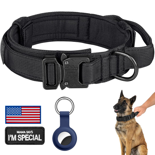 DAGANXI Tactical Dog Collar, Adjustable Military Training Nylon Dog Collar with Control Handle and Heavy Metal Buckle for Medium and Large Dogs, with Patches and Airtags Case (L, Black)