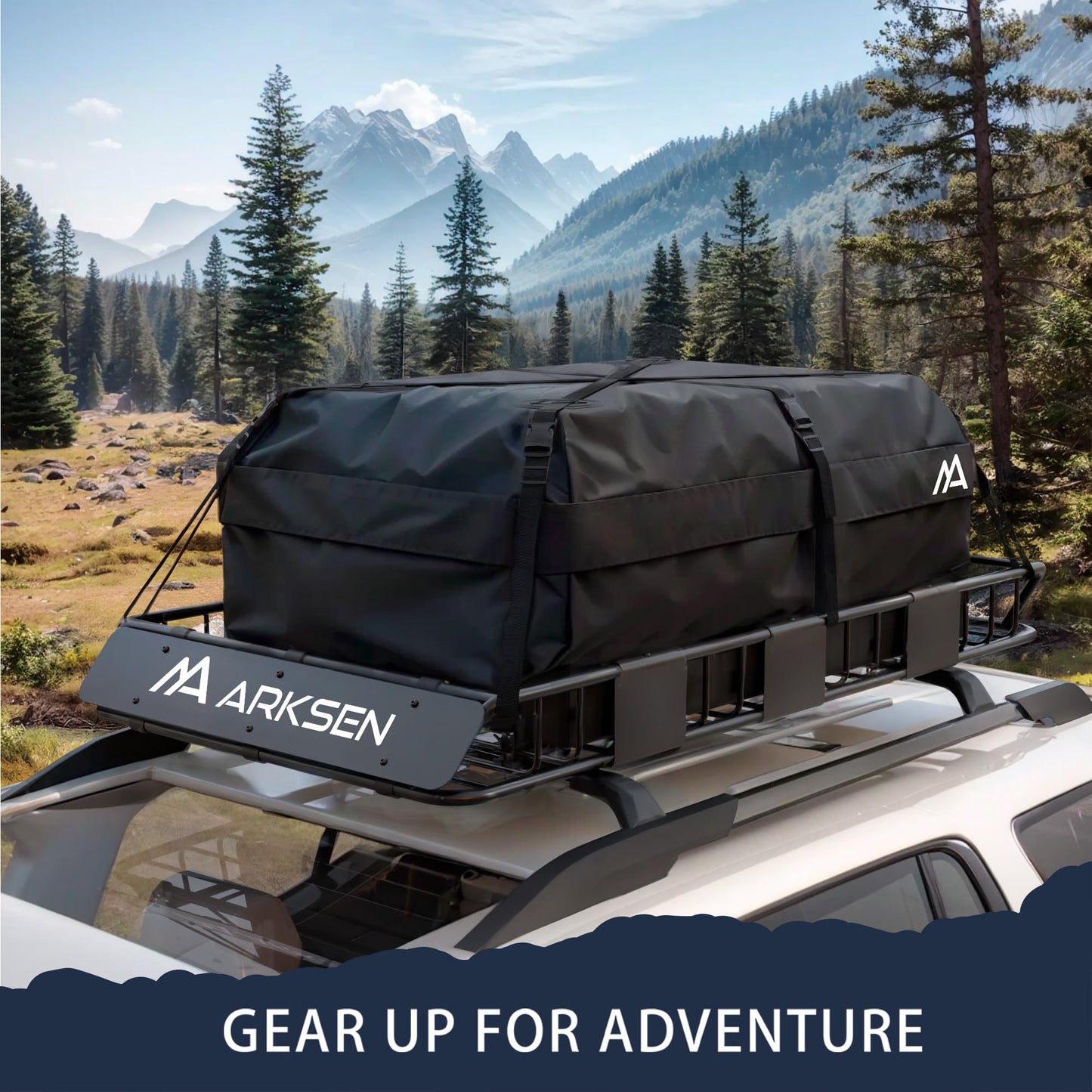 ARKSEN 64 x 34 x 6 Inch Universal Roof Rack with Extension, 600D Waterproof Bag, 2 Ratchet Straps&Net, 150 LBS Capacity Heavy Duty Rooftop Cargo Basket for SUV, Truck, RV, Pickup