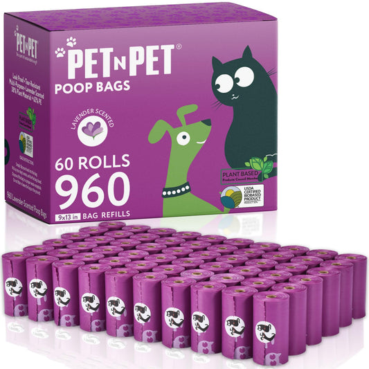 Pet N Pet Poop Bags for Dogs, 960 Counts Lavender Scented Dog Poop Bags Rolls, USDA Certified 38% Plant Based & 62% PE Dogs Waste Bag, Doggie Poo Bag