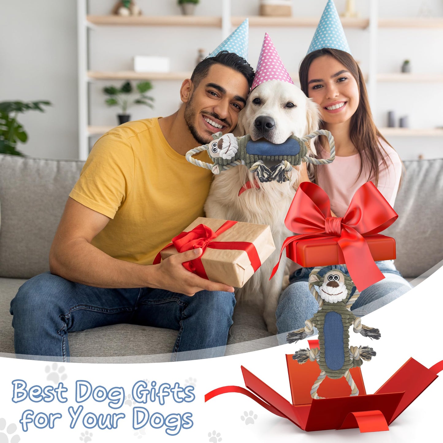 BUYPOW Funny Plush Dog Chew Toys, Squeaky Dog Toys, Interactive Tug of War Puppy Toys, Stuffed Dog Toys for Small, Medium and Large Dogs - Monkey