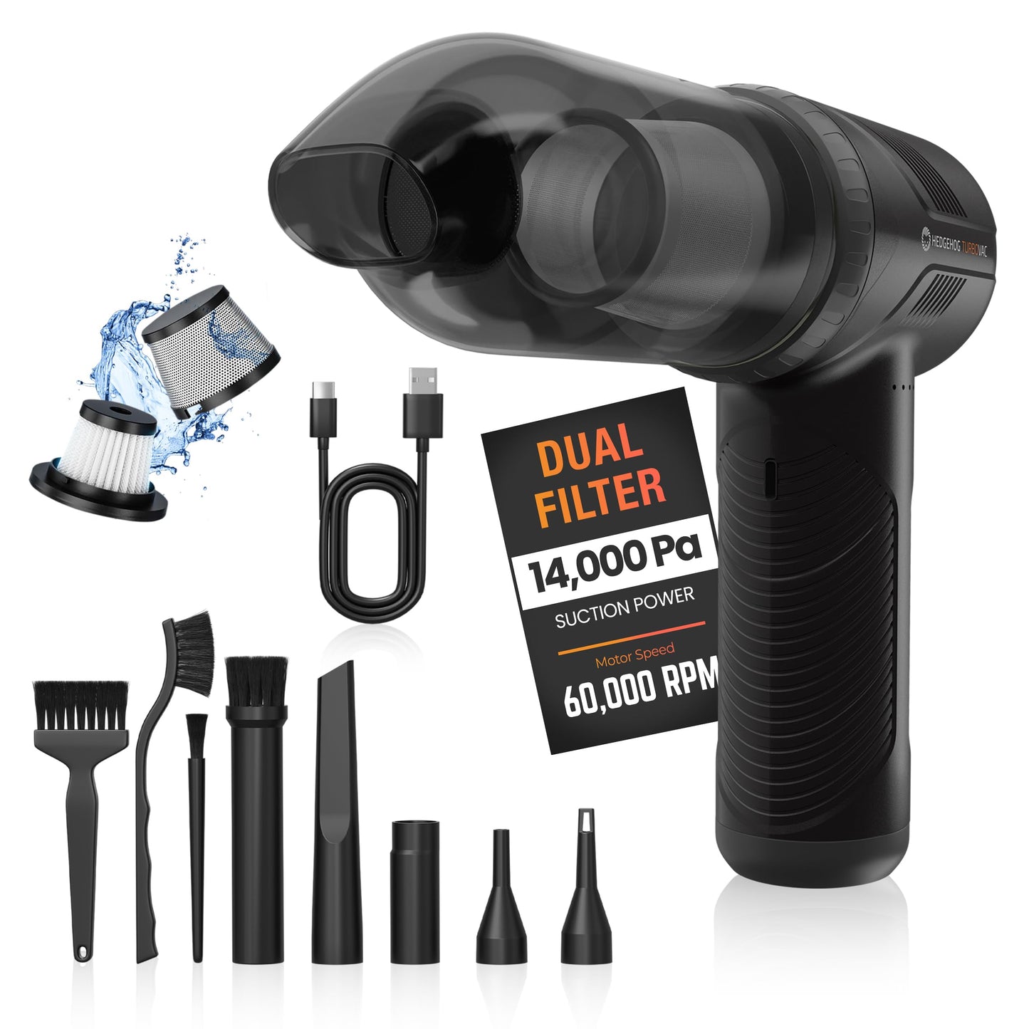 Hedgehog TurboVAC 3 in 1 Portable Car Vacuum Cleaner, Blower & Air Pump - Hand Held Vacuum Cleaner for Car with USB C Rechargeable, 14000PA Powerful Suction, Lightweight Dust Buster for Home & Outdoor