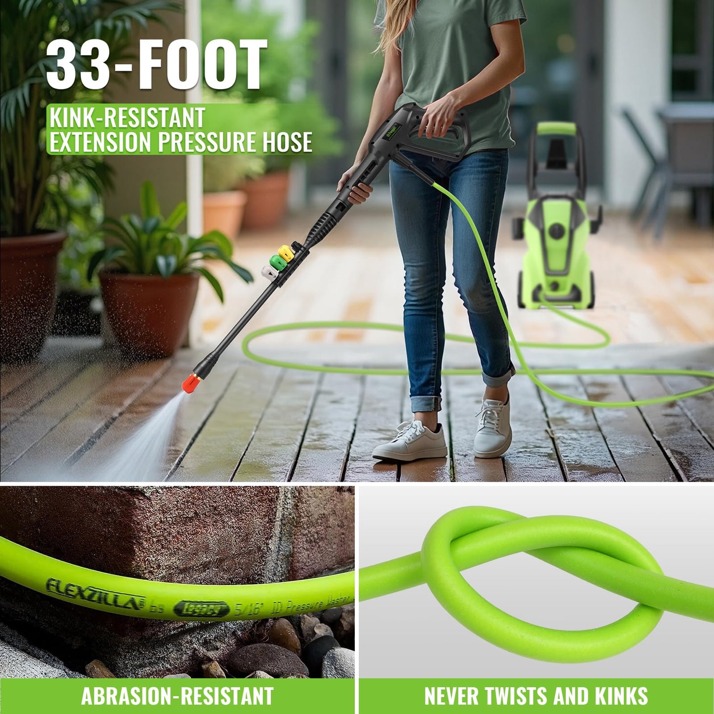 Pressure Cleaner 5000PSI Max 4.0GPM with 33FT Flexible Extension Hose, 4 Nozzles, Foam Cannon, Power Cleaner Powered for Cars, Patios, Driveways, Green