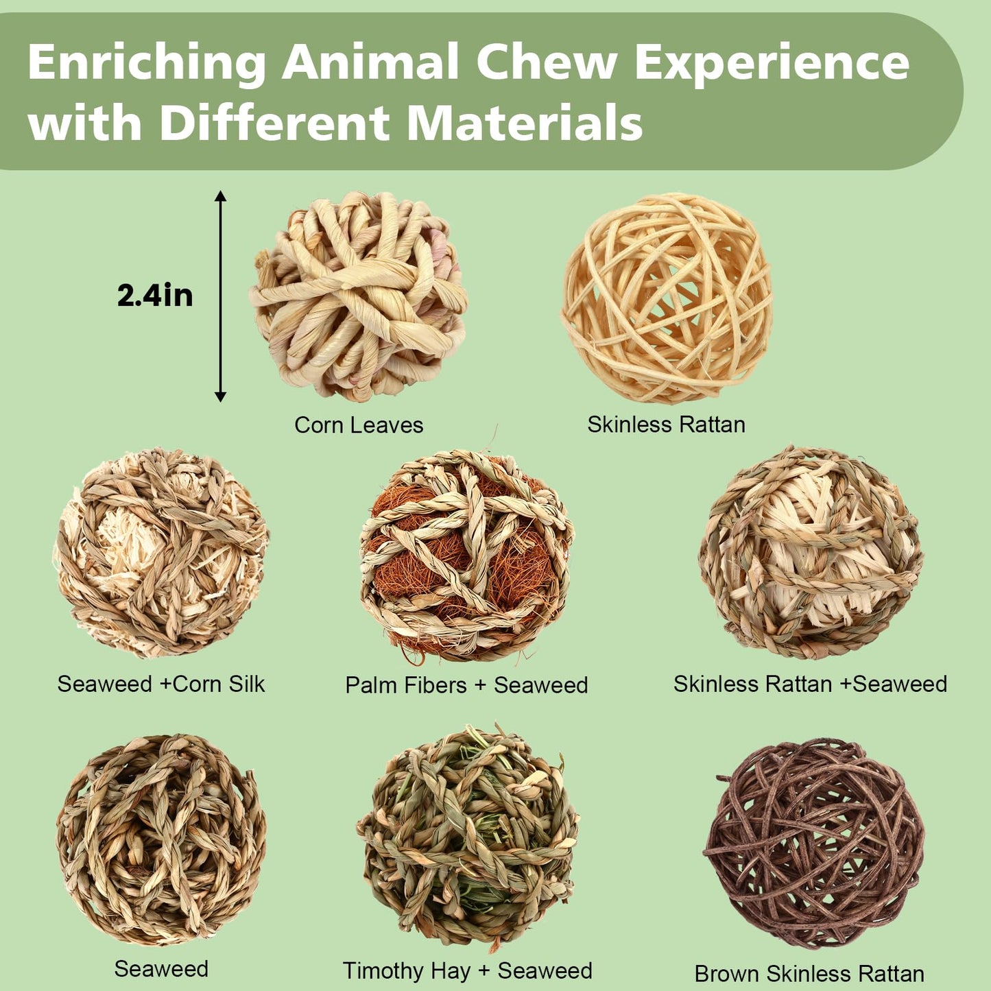 VESPRO Bunny Chew Grass Balls, (8 Pcs) Rolling Chew Toys for Small Animals, Natural Chew Grass Toys and Bunny Treats for Rabbits, Guinea Pigs, Chinchillas, Hamsters, Mice Teeth Grinding