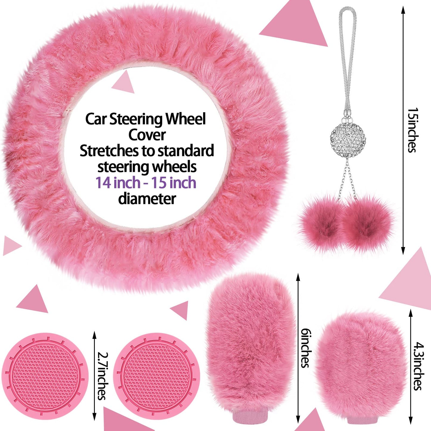 Fulmoon 17 Pcs Car Seat Cover Full Set for Women Universal Fit Car Front Rear Fluffy Steering Wheel Fleece Handbrake Shift Covers Hanging Accessory Holder Ring Emblem(Pink Black)
