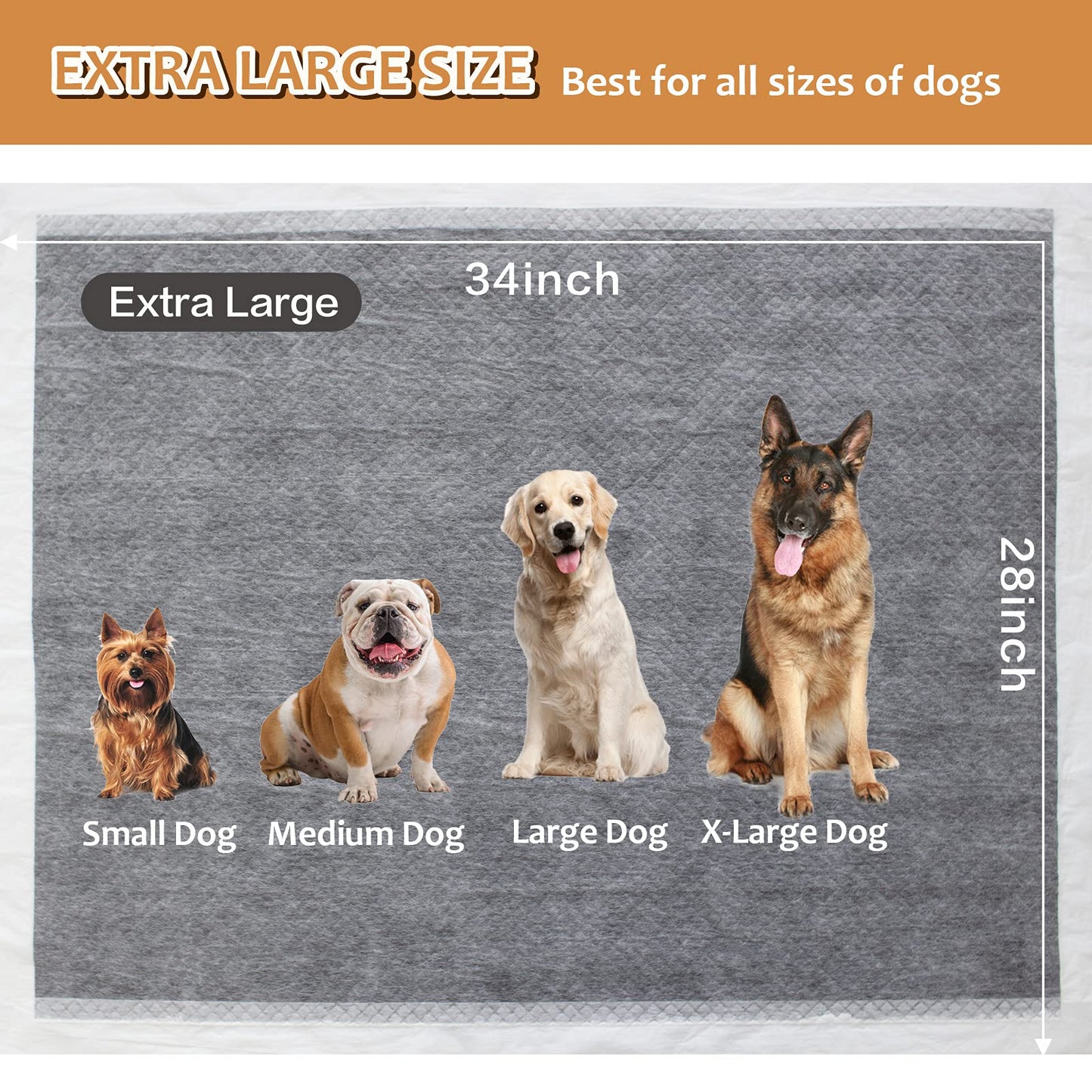 HIDOGGYLD Dog Pee Pads Extra Large 28" x 34", 30 Count, Activated Carbon Charcoal Puppy Pads XL, Potty Pads for Dogs with Adhesive Sticky Tape, Disposable Training Bed Pads for Pets, Doggies, Cats