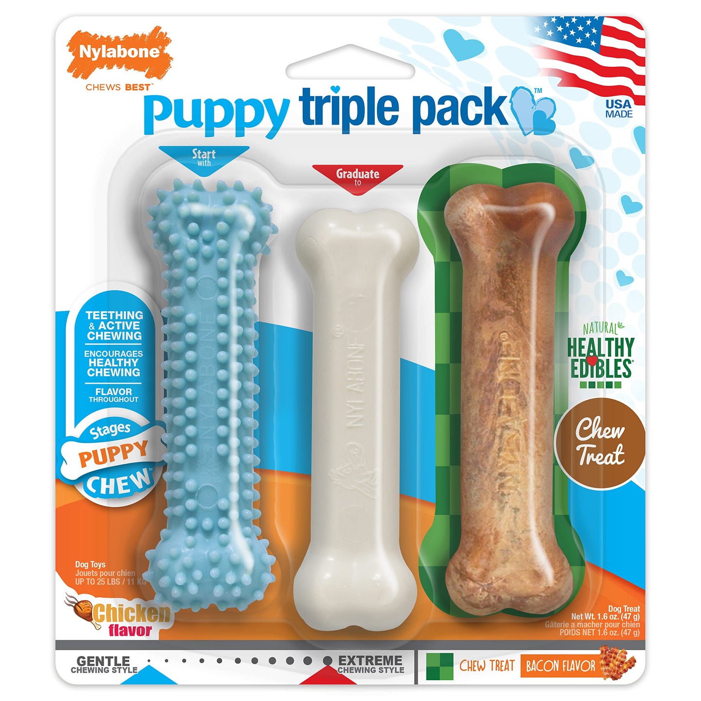 Nylabone Puppy Chew Toys & Natural Treat Triple Pack, Puppy Enrichment Teething Toys, Blue, Chicken & Bacon Flavor, Small Dogs - Up to 25 Ibs, 3 Pack