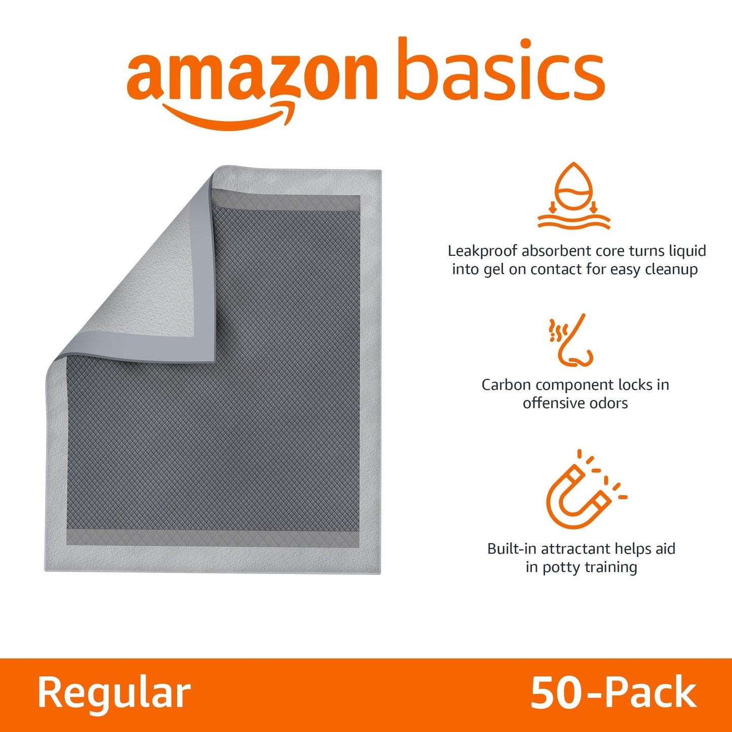 Amazon Basics Carbon Odor-Control Dog and Puppy Pee Pads, 5-Layer Leak-Proof Super Absorbent, Quick-Dry Surface, Potty Training, X-Large (28x34"), 50 Count, Gray
